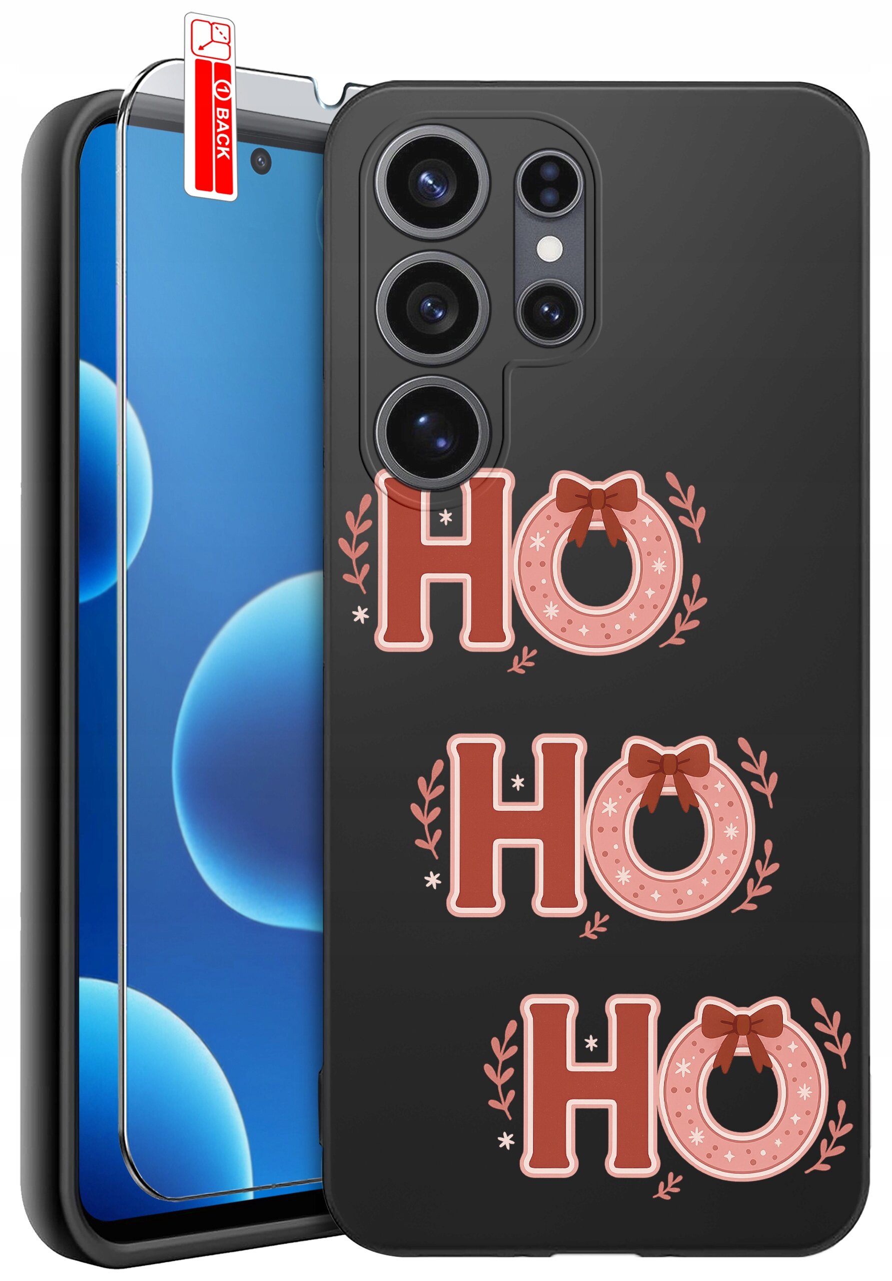 Czarne etui na telefon z trzema napisami \'HO HO HO\' ozdobionymi kokardkami i gałązkami. Obok etui znajduje się szkło ochronne z czerwoną naklejką \'BACK\'.