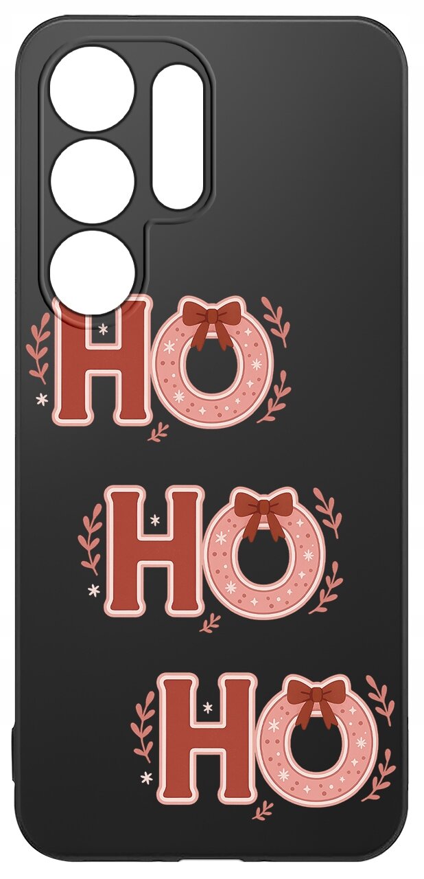Czarne etui z trzema napisami \'HO HO HO\' w czerwono-różowej kolorystyce, ozdobionymi kokardkami i gałązkami.