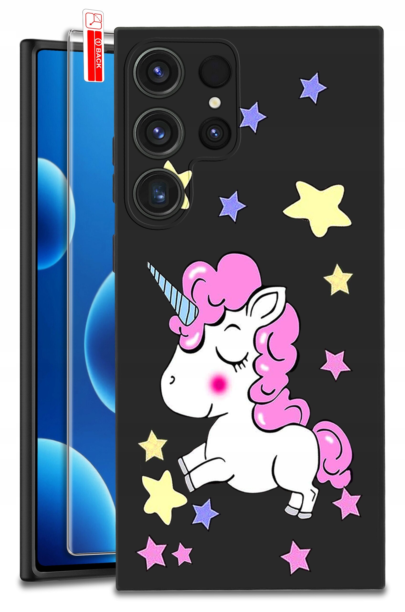 Czarne etui na telefon z kolorowym wzorem jednorożca z różową grzywą i różnokolorowymi gwiazdkami. Obok etui widoczne jest szkło ochronne z napisem \'BACK\'.