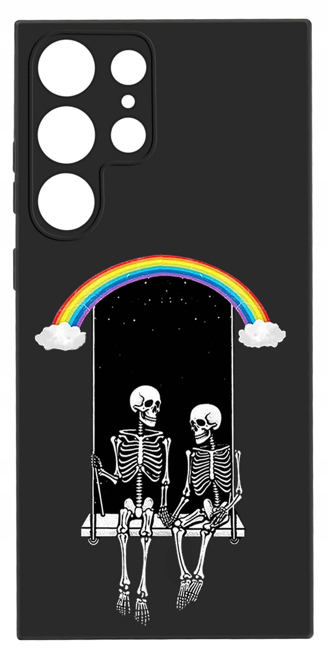Czarne etui z grafiką dwóch szkieletów siedzących na huśtawce pod tęczą z chmurkami. Etui ma wycięcia na aparat i przyciski telefonu.