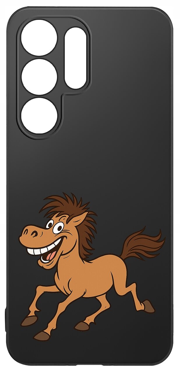 Czarne etui na telefon z wycięciami na aparat, ozdobione grafiką uśmiechniętego konia w kolorze brązowym.