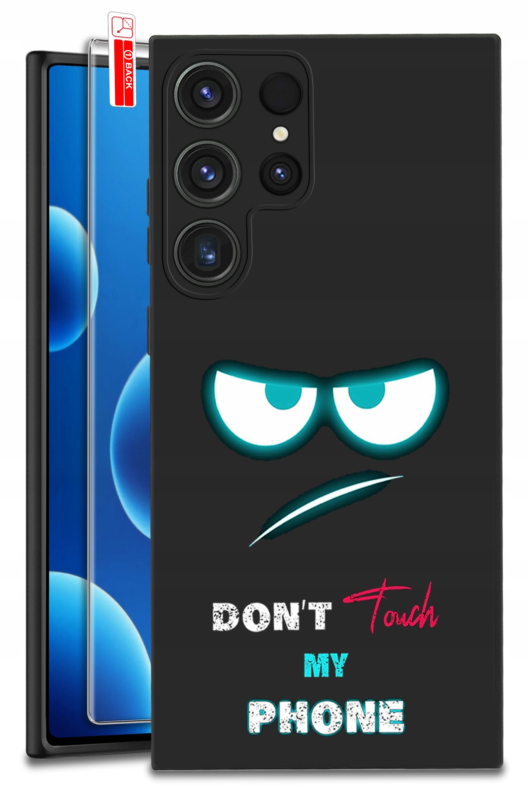 Czarne etui na telefon z nadrukiem przedstawiającym zarys oczu i ust oraz tekst \'DON\'T Touch MY PHONE\'. Obok etui znajduje się szkło ochronne z etykietą \'BLACK\'.