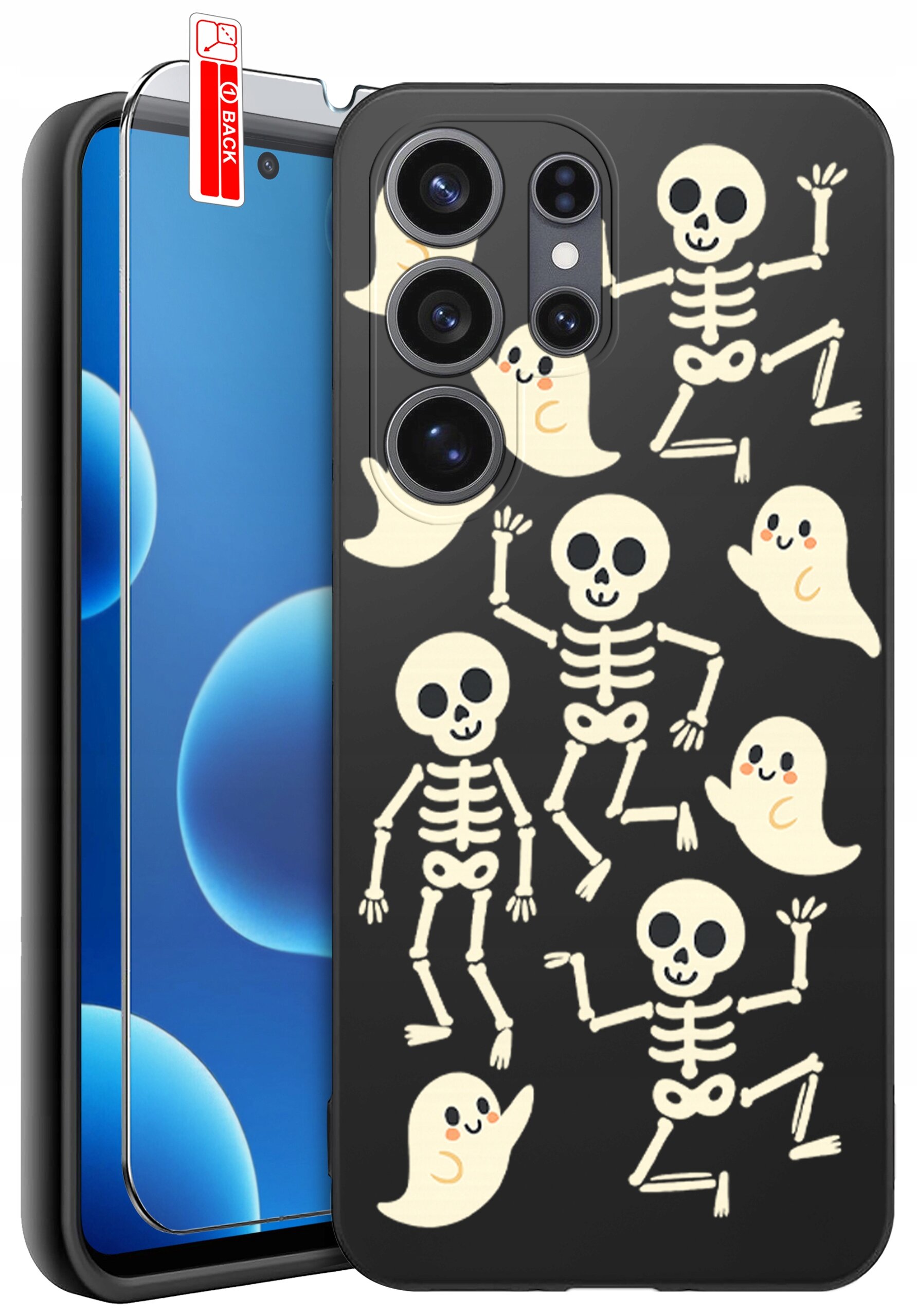 Czarne etui na telefon z nadrukiem białych szkieletów i duchów. Obok etui znajduje się szkło ochronne z oznaczeniem \'BACK\'.