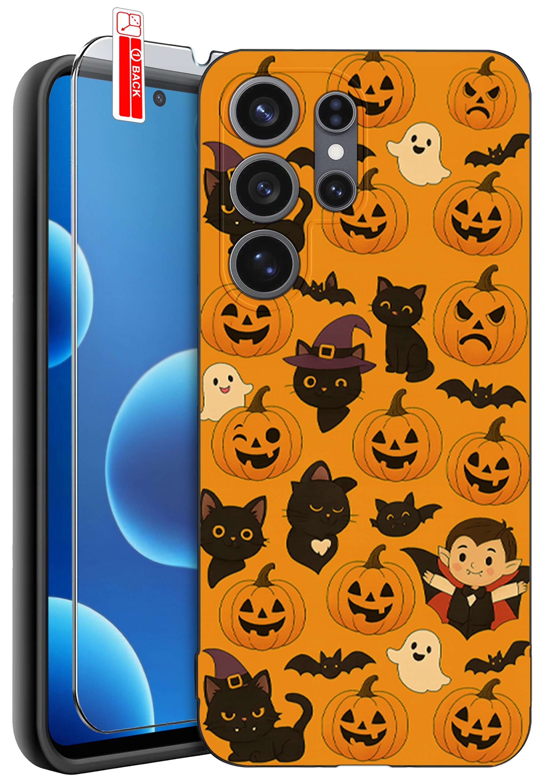 Etui na telefon z motywem Halloween, przedstawiające dynie, czarne koty, duchy i nietoperze na pomarańczowym tle. Obok etui znajduje się szkło ochronne z oznaczeniem \'BACK\'.