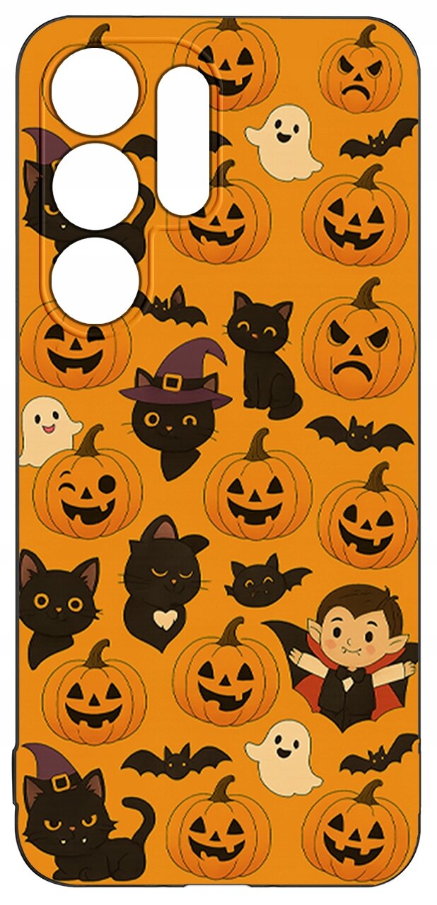 Etui na telefon z motywem Halloween, przedstawiające dynie, czarne koty, duchy, nietoperze i postać wampira na pomarańczowym tle.