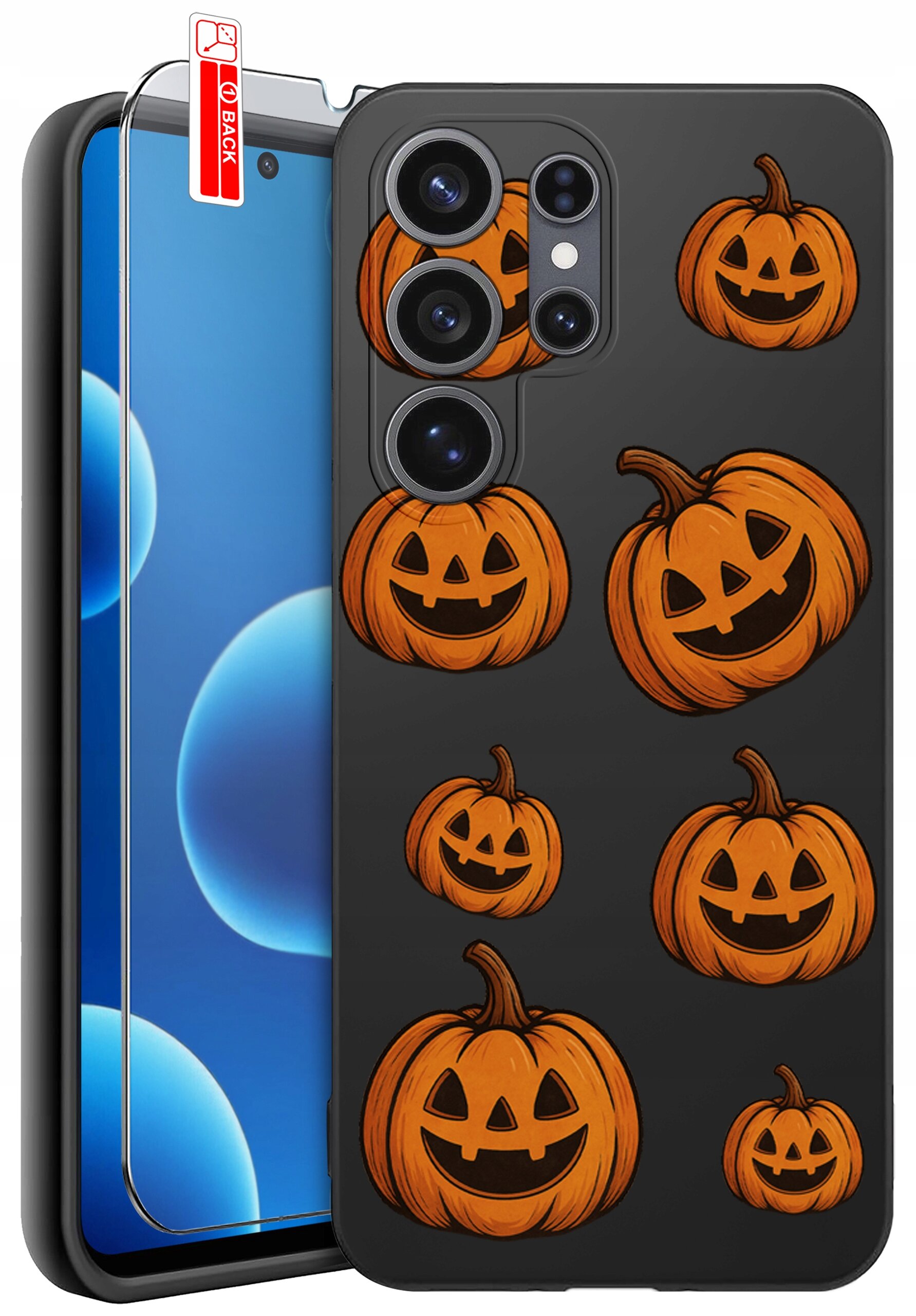 Etui na telefon z motywem dyni na czarnym tle, obok widoczne szkło ochronne z napisem \'BACK\'.