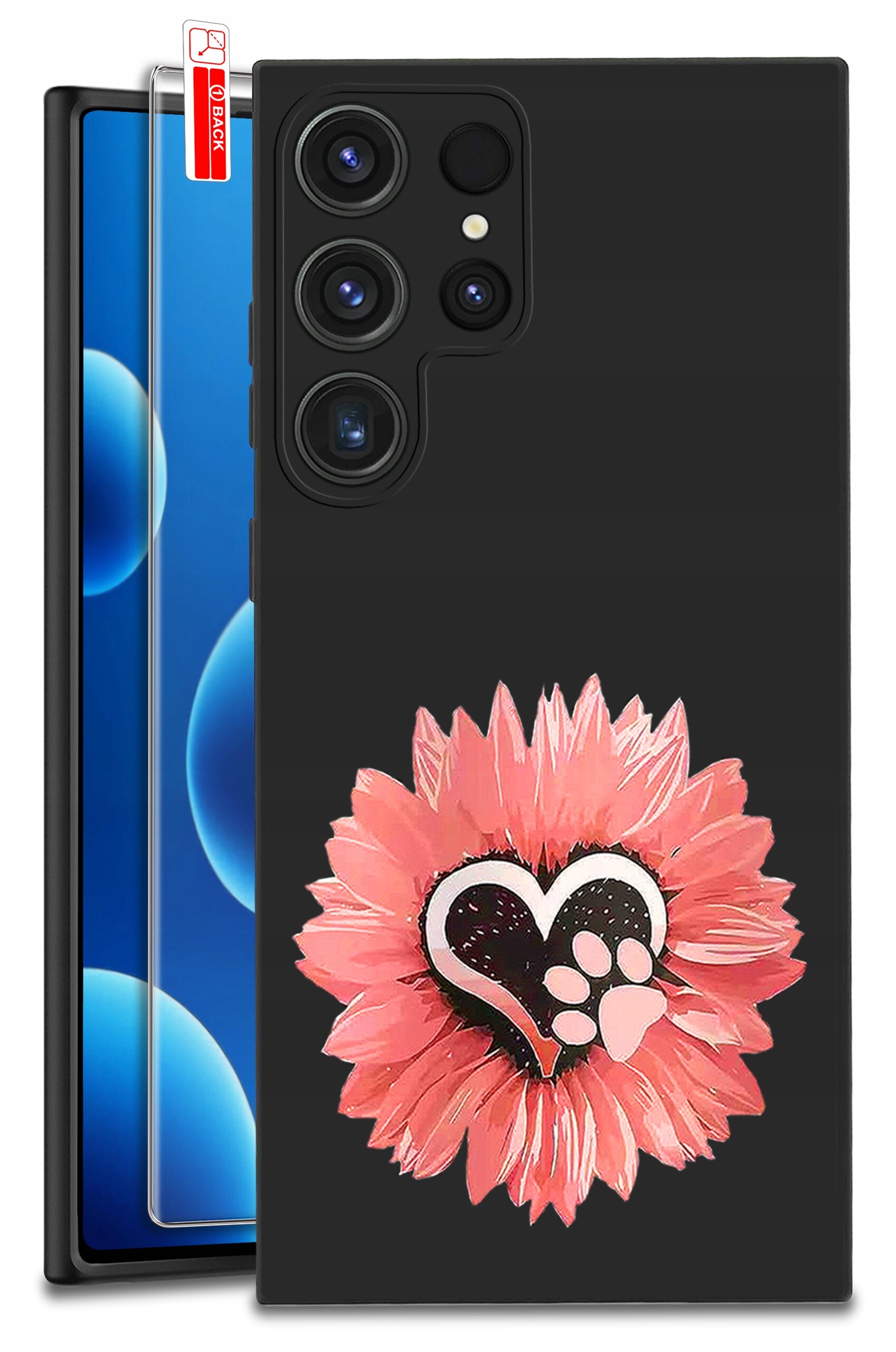 Czarne etui na telefon z motywem różowego kwiatu i serca z odciskiem łapy. Obok etui znajduje się szkło ochronne z napisem \'BACK\'.