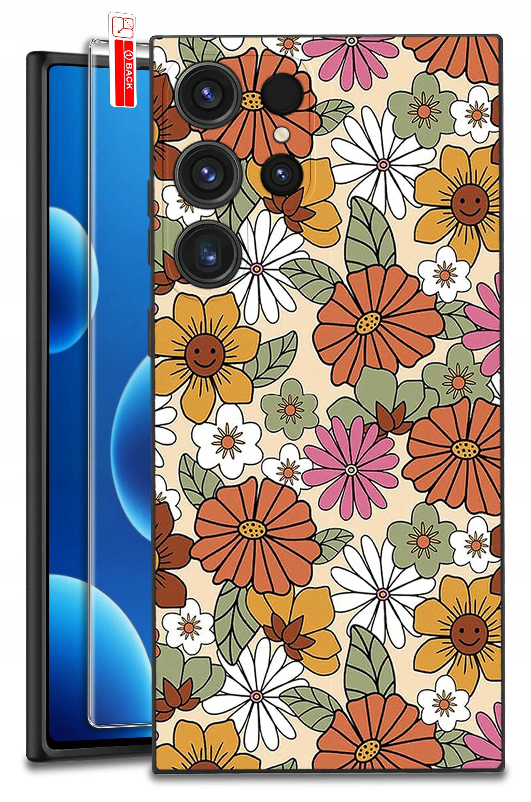 Etui na telefon z kolorowym wzorem kwiatów w odcieniach pomarańczowego, białego i różowego. Obok etui znajduje się szkło ochronne z napisem \'BACK\'.