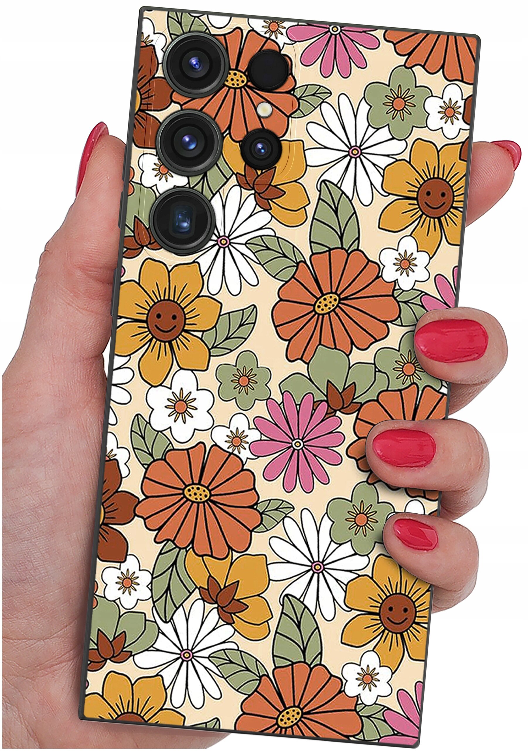 Etui na telefon z kolorowym wzorem kwiatów w odcieniach pomarańczowego, różowego i białego, trzymane w dłoni z pomalowanymi na czerwono paznokciami.