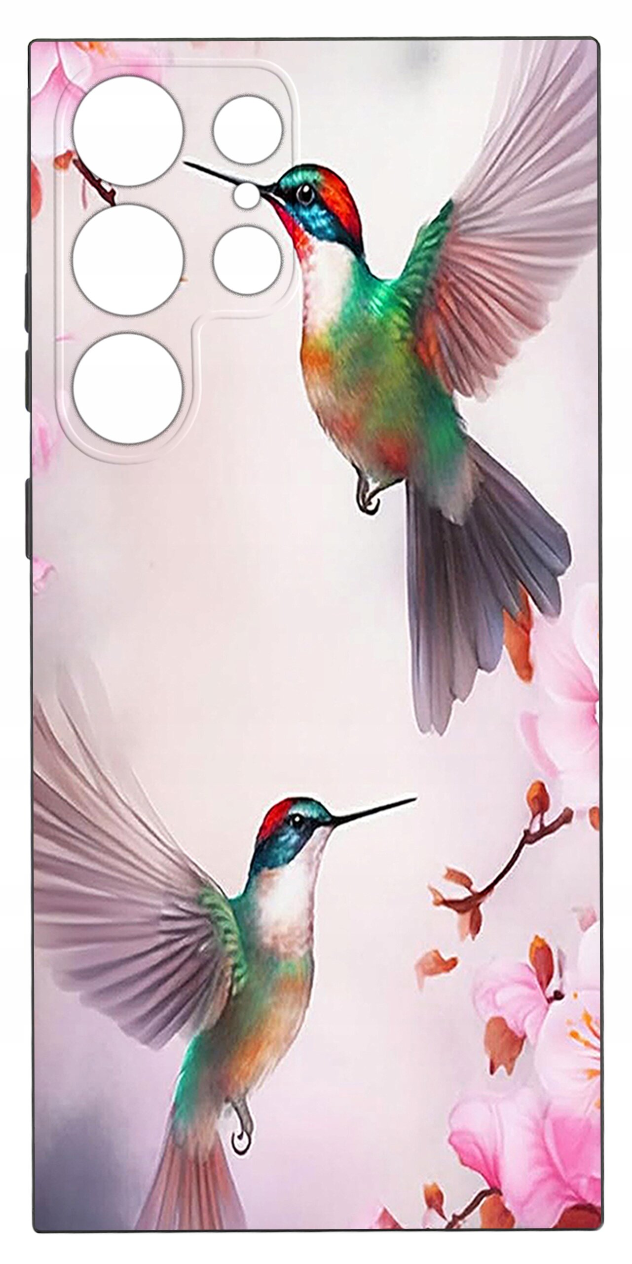 Etui na telefon z kolorowym wzorem przedstawiającym dwa kolibry w locie, otoczone różowymi kwiatami. W górnej części widoczne są wycięcia na aparat.