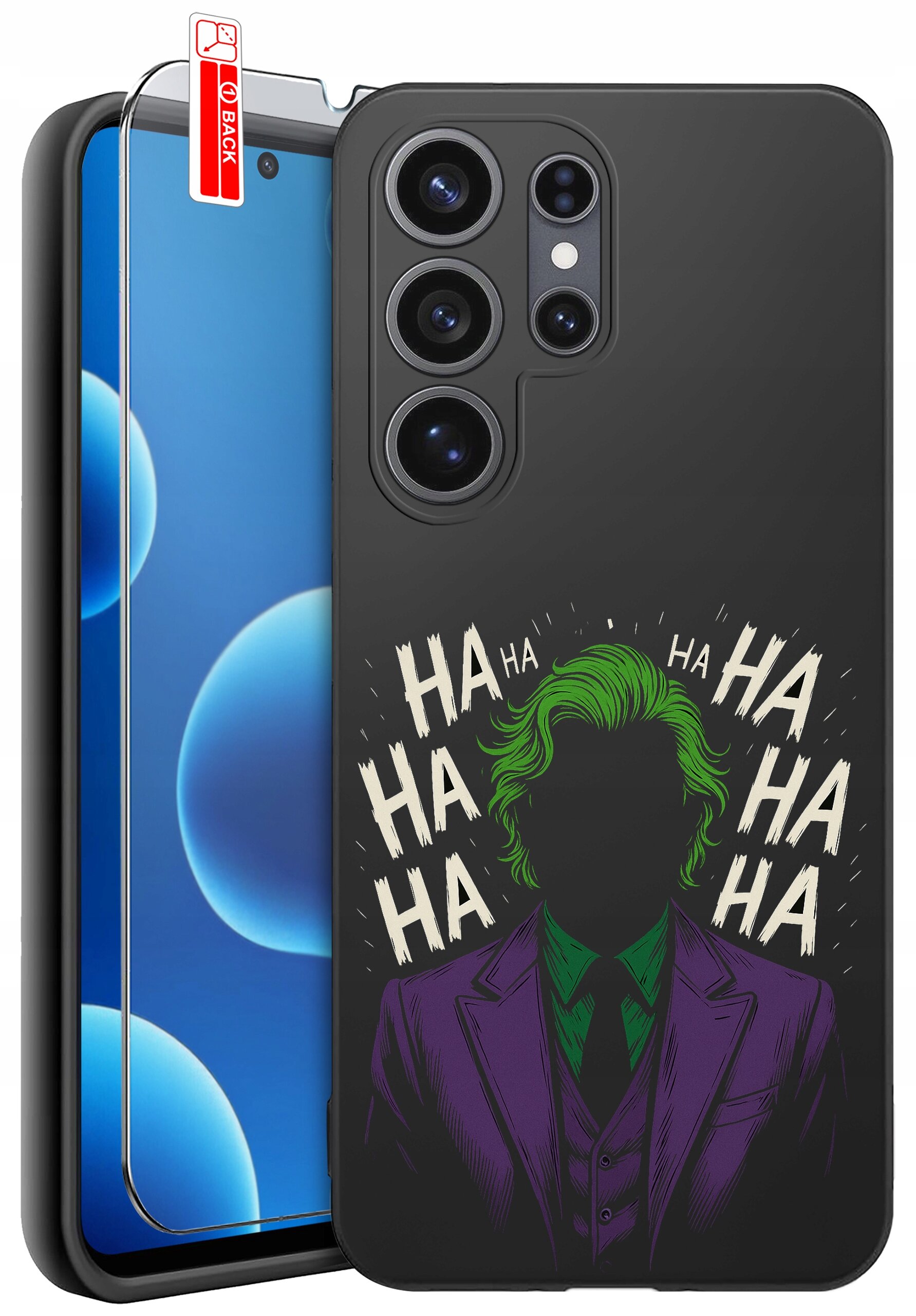 Etui na telefon z grafiką postaci w fioletowym garniturze i zielonych włosach, otoczone napisami \'HA HA HA\'. Obok znajduje się szkło ochronne z oznaczeniem \'BACK\'.