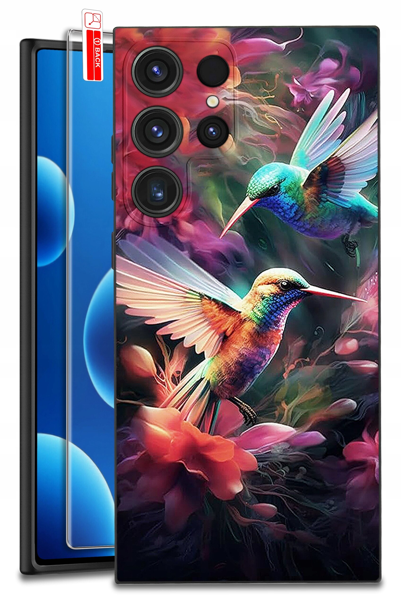 Etui na telefon z kolorowym wzorem przedstawiającym dwa kolibry wśród kwiatów. Obok etui znajduje się szkło ochronne z napisem \'BACK\'.