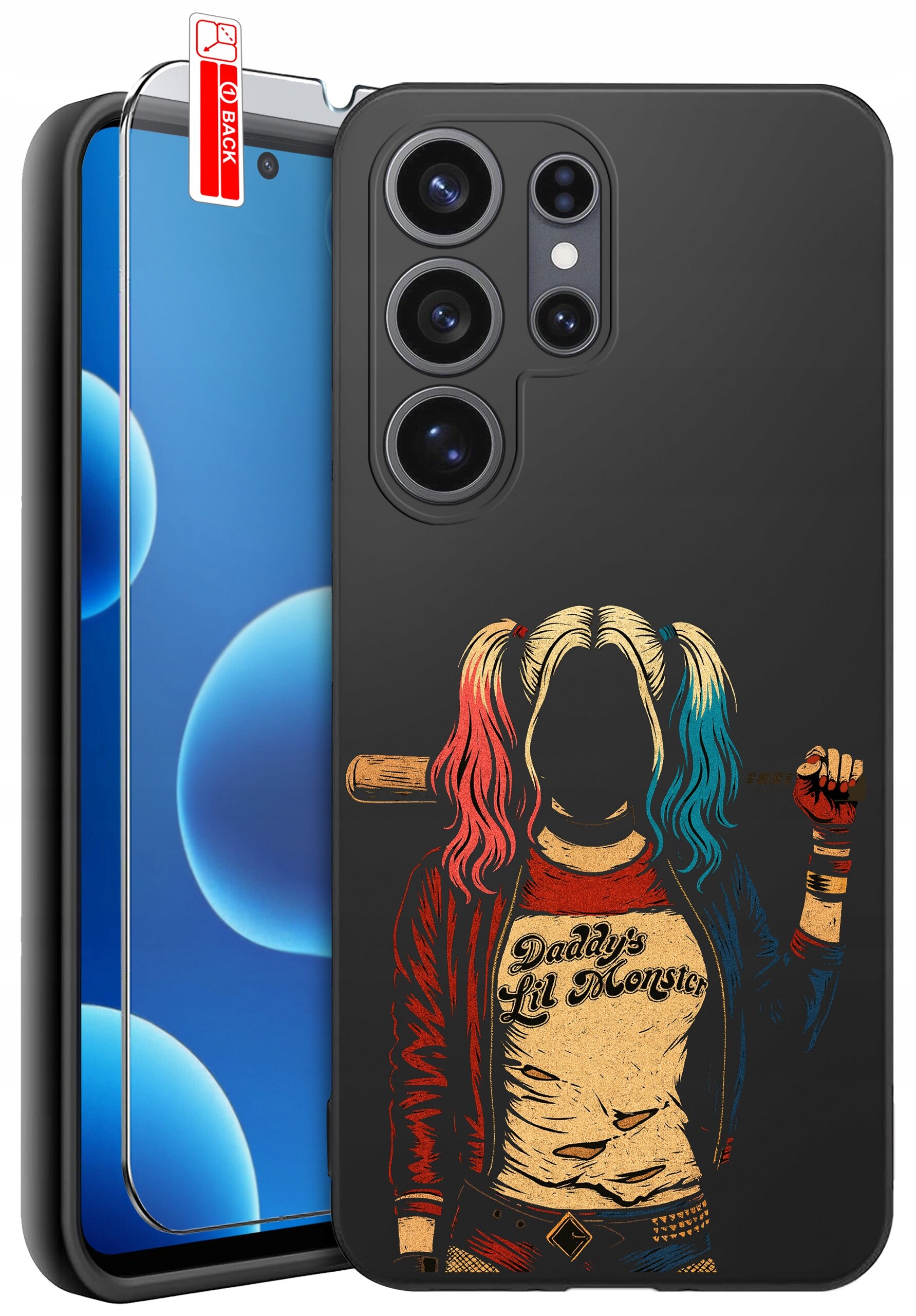 Etui na telefon z grafiką postaci z kolorowymi włosami i napisem \'Daddy\'s Lil Monster\'. Obok etui znajduje się szkło ochronne z oznaczeniem \'BACK\'.