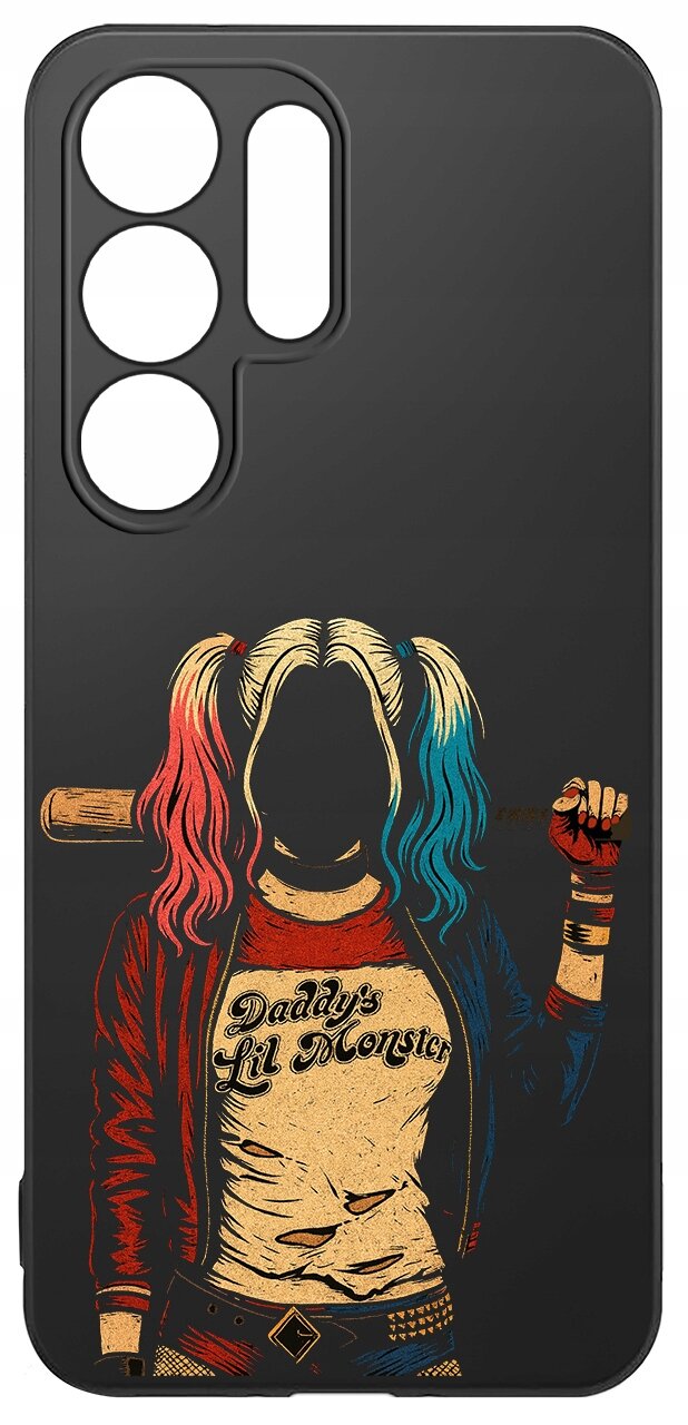 Czarne etui na telefon z grafiką przedstawiającą postać z dwukolorowymi włosami, trzymającą kij baseballowy. Na koszulce postaci widnieje napis \'Daddy\'s Lil Monster\'.