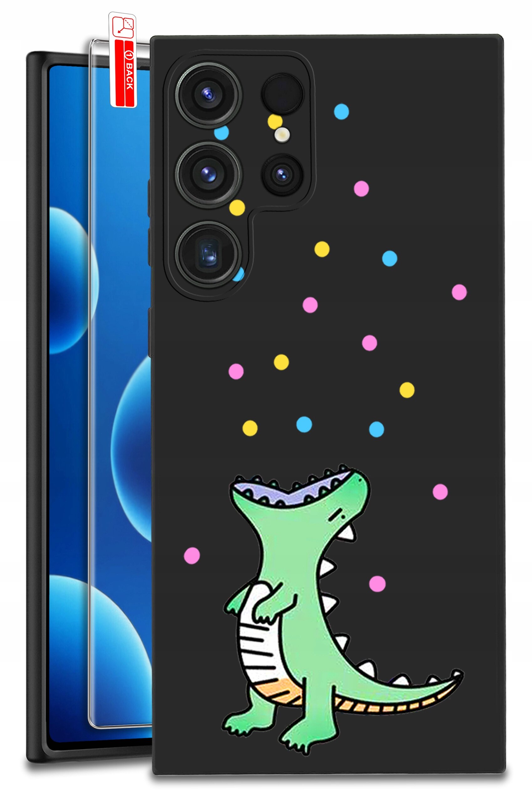 Czarne etui z kolorowym wzorem przedstawiającym zielonego dinozaura i kolorowe kropki. Obok etui znajduje się szkło ochronne z napisem \'BLACK\'.