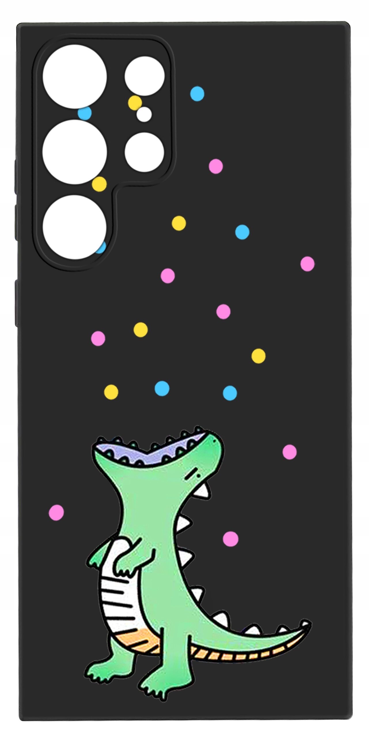 Czarne etui z kolorowym wzorem przedstawiającym zielonego dinozaura oraz kolorowe kropki. Etui ma wycięcia na aparat telefonu.