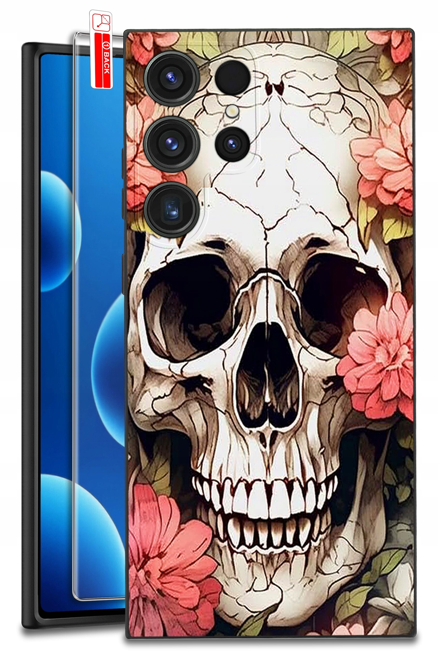 Etui na telefon z wzorem czaszki otoczonej różowymi kwiatami. Obok widoczna jest szybka ochronna z napisem \'BACK\'.