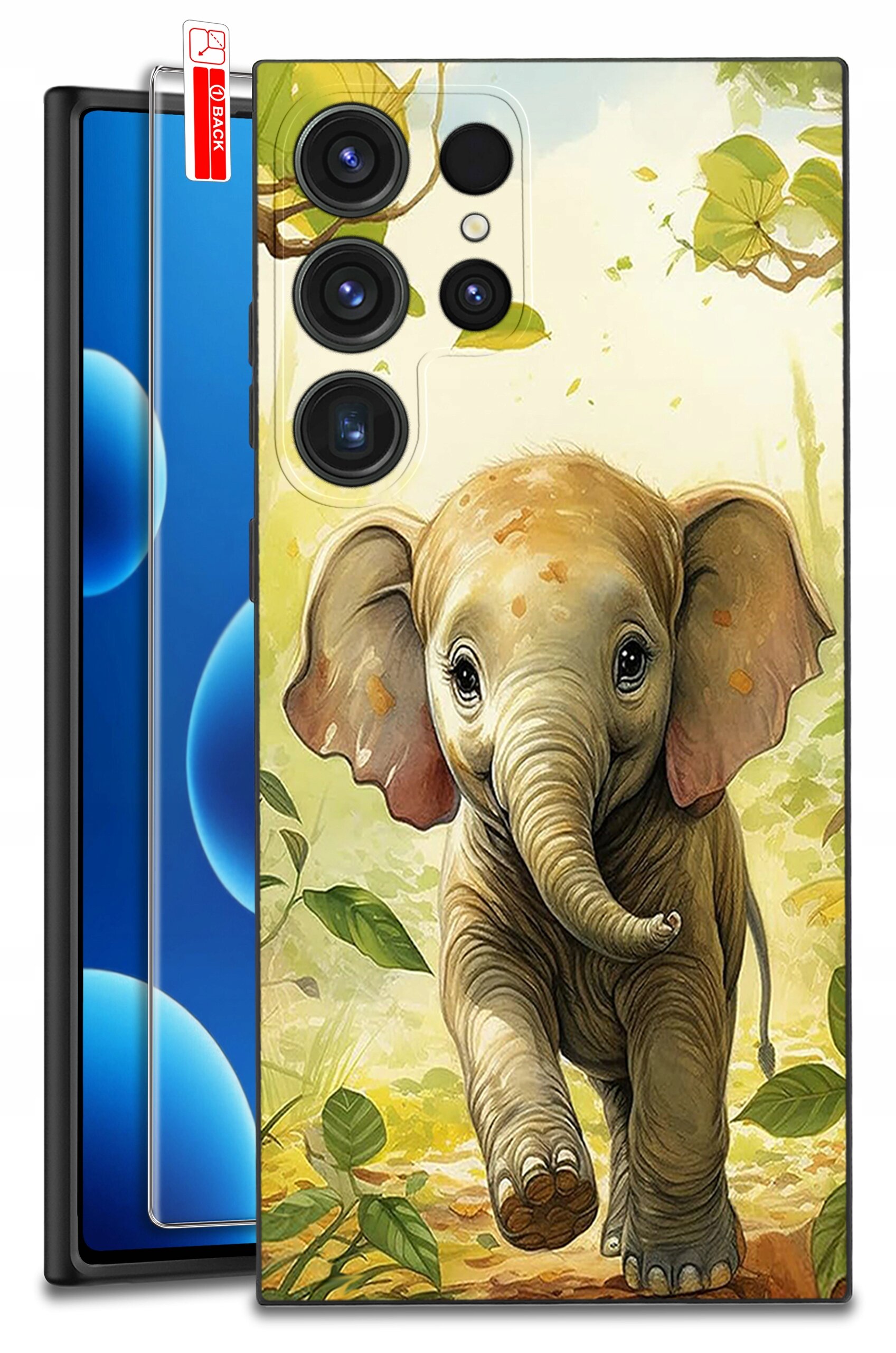 Etui na telefon z nadrukiem słonia na tle roślinności, obok widoczne szkło ochronne z napisem \'BACK\'.