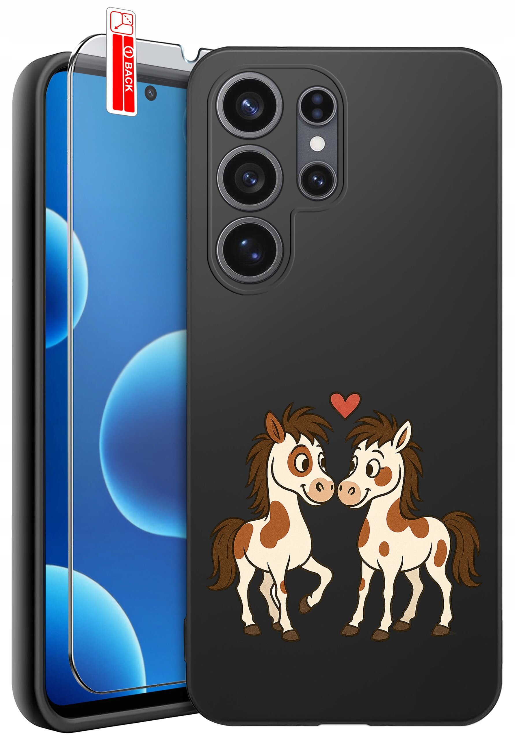 Czarne etui na telefon z grafiką dwóch uśmiechniętych koników i czerwonym sercem nad nimi. Obok znajduje się szkło ochronne z napisem \'BACK\'.