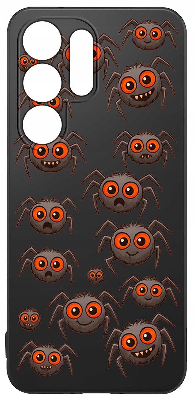 Czarne etui na telefon z wzorem uśmiechniętych pająków o pomarańczowych oczach. Etui ma wycięcia na aparat i przyciski.