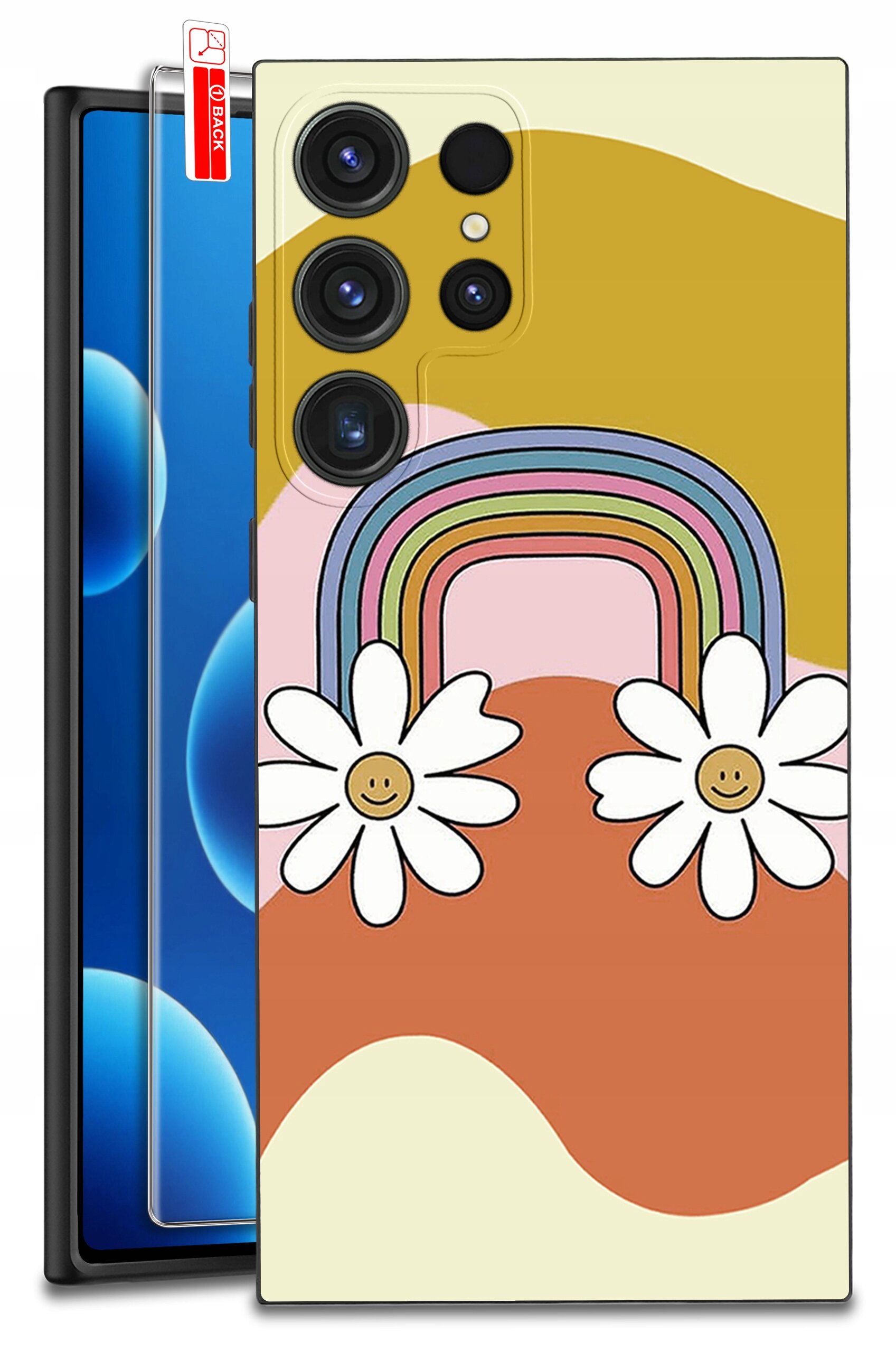 Etui na telefon z kolorowym wzorem tęczy i dwoma kwiatami z uśmiechniętymi buźkami. Obok etui widoczne jest szkło ochronne z napisem \'BACK\'.