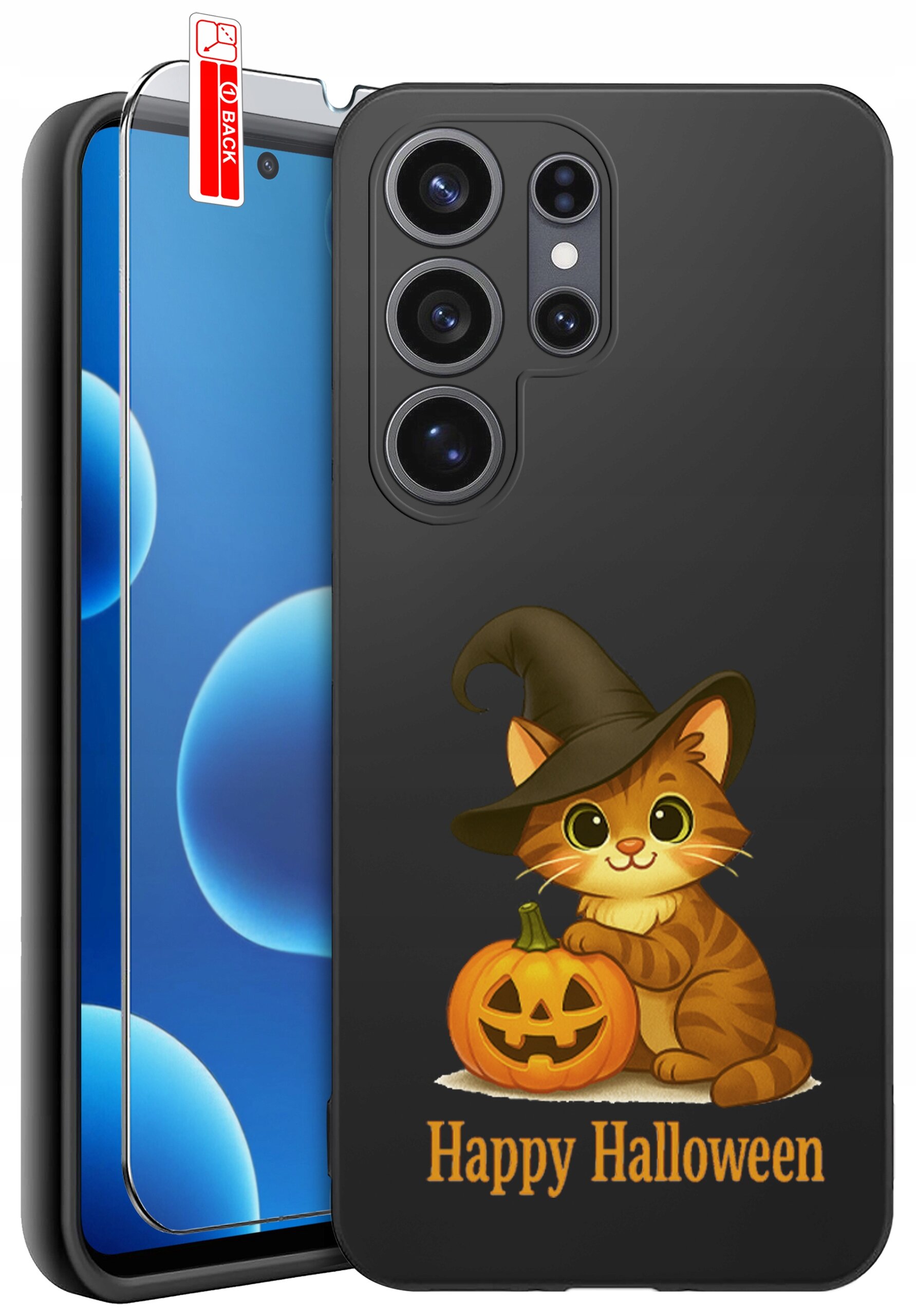 Etui na telefon z grafiką kota w kapeluszu czarownicy obok dyni oraz napisem \'Happy Halloween\'. Obok etui znajduje się szkło ochronne z oznaczeniem \'BACK\'.