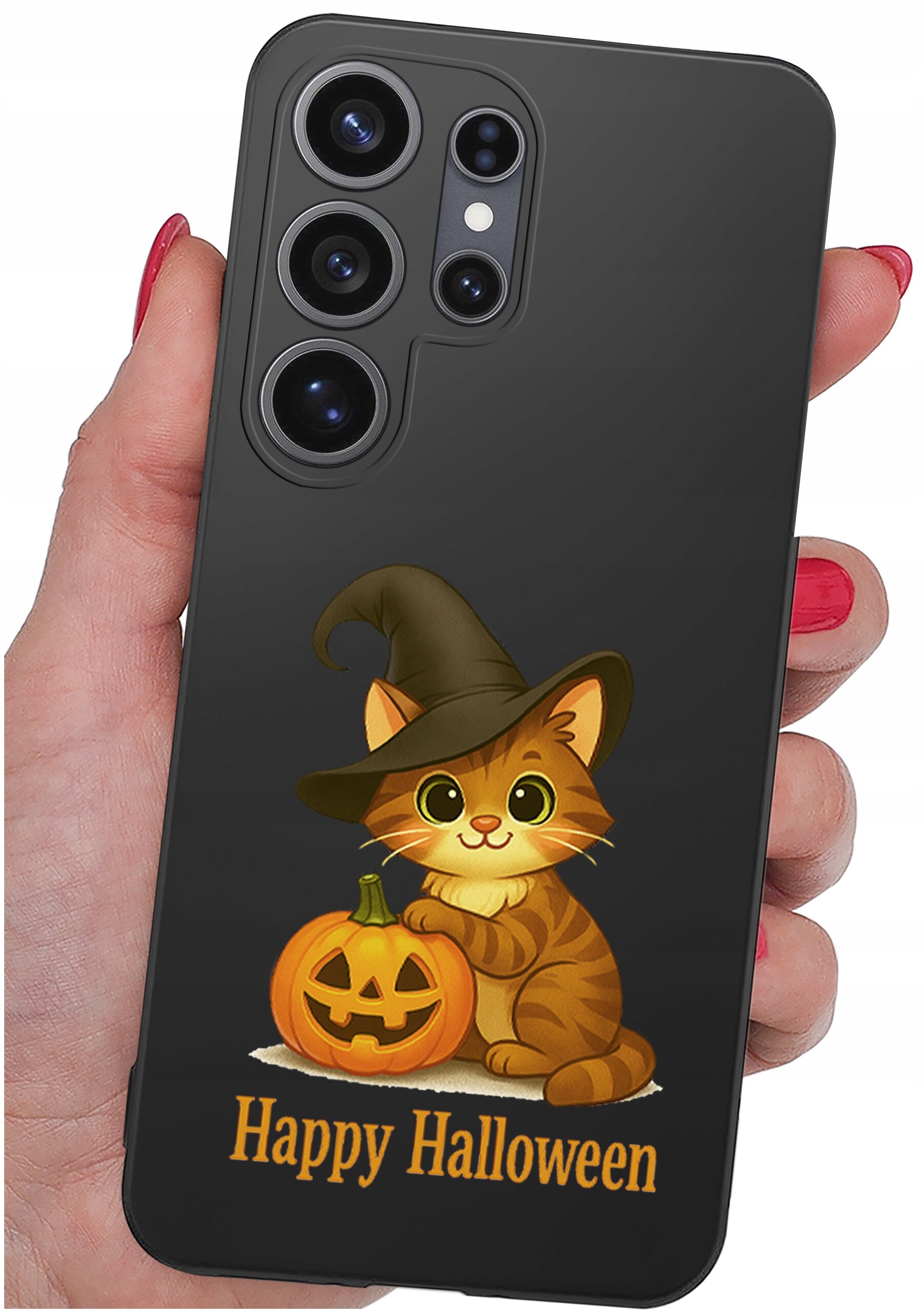 Czarne etui na telefon z grafiką kota w kapeluszu czarownicy i dynią, z napisem \'Happy Halloween\'.