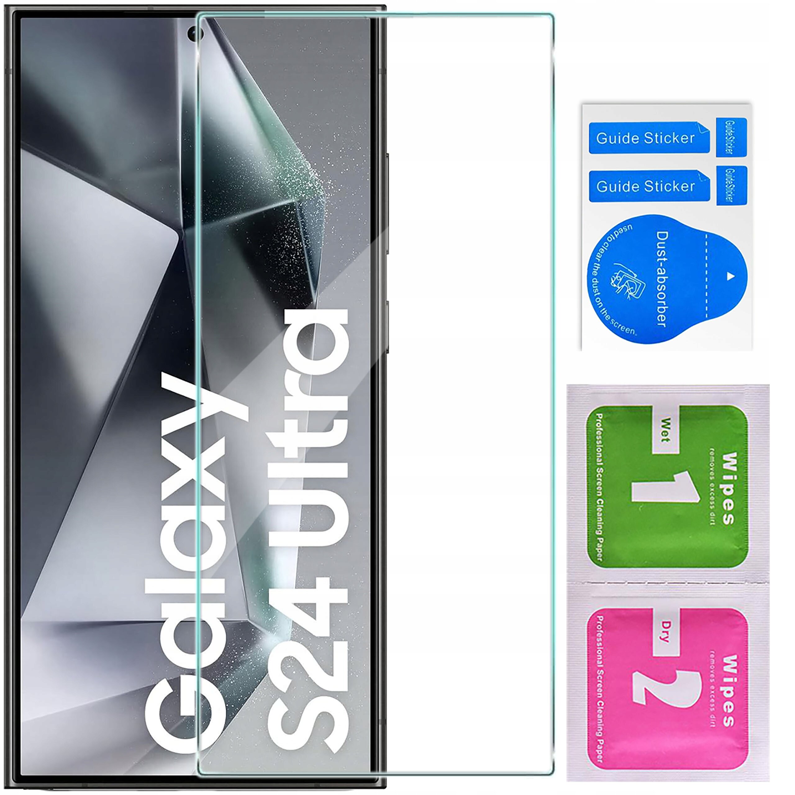 Na obrazie widoczny jest telefon z napisem \'Galaxy S24 Ultra\' oraz zestaw akcesoriów do montażu szkła ochronnego, w tym naklejki \'Guide Sticker\', \'Dust absorber\' i chusteczki \'Wet 1\' oraz \'Dry 2\'.