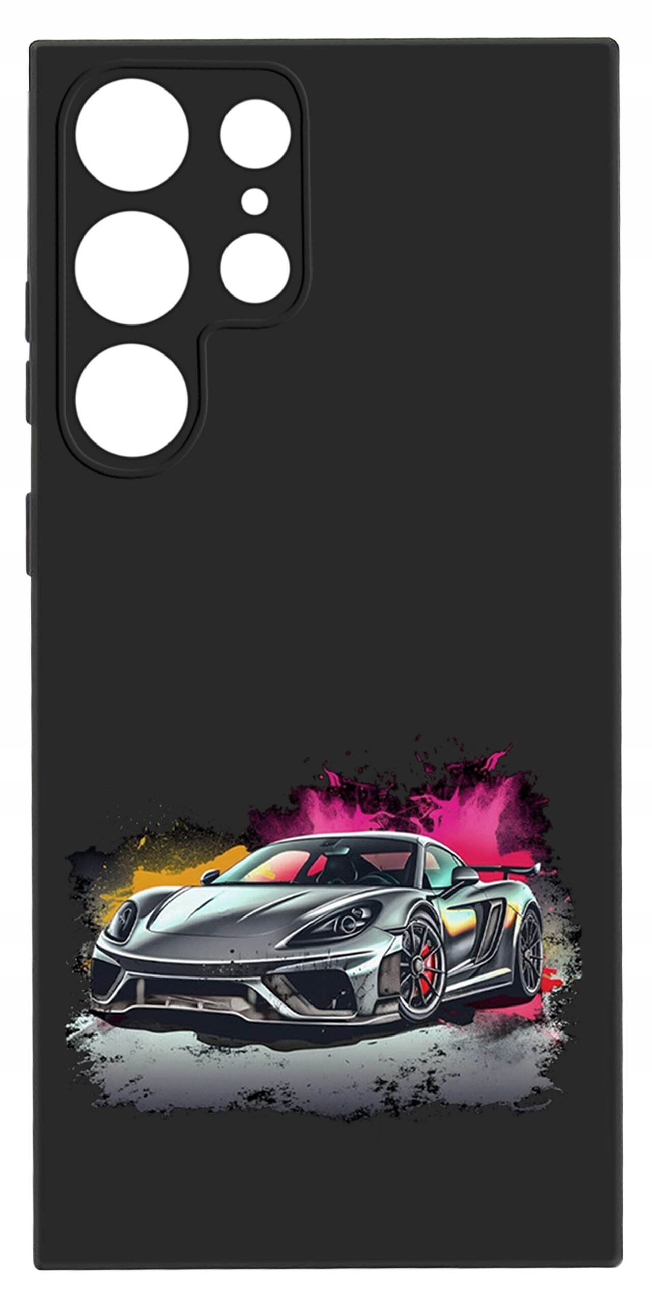 Czarne etui na telefon z wycięciami na aparat, ozdobione grafiką sportowego samochodu na tle kolorowych plam.