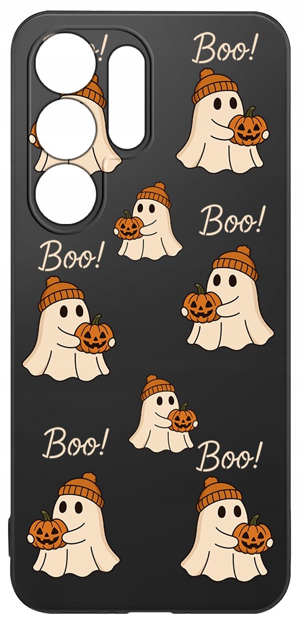 Czarne etui z nadrukiem białych duszków trzymających dynie, w brązowych czapkach, oraz napisem \'Boo!\' w kilku miejscach.