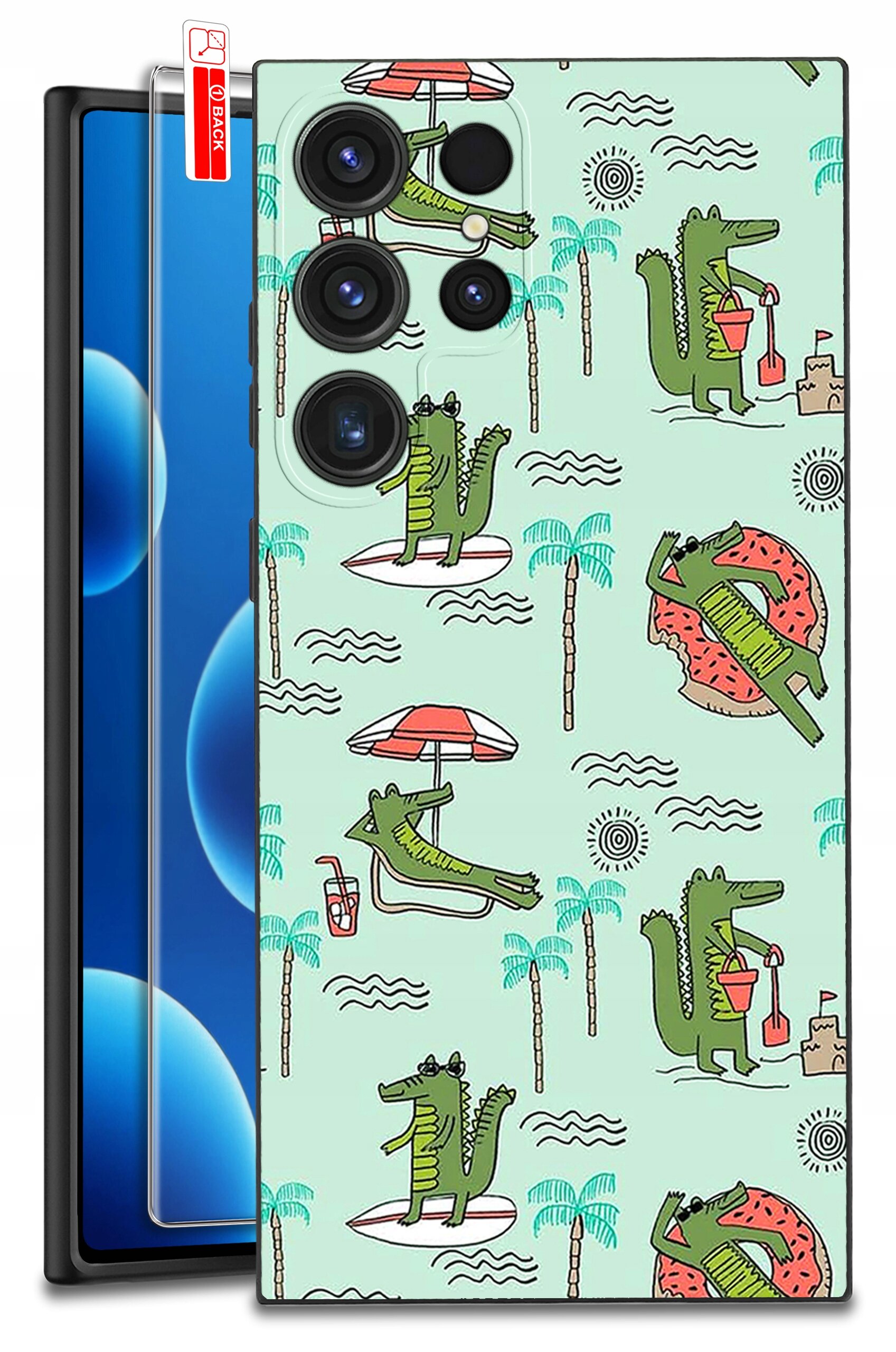 Etui na telefon z wzorem przedstawiającym krokodyle w różnych wakacyjnych scenach, takich jak leżenie na materacu czy budowanie zamku z piasku. W zestawie znajduje się również szkło ochronne z oznaczeniem \'9H\'.