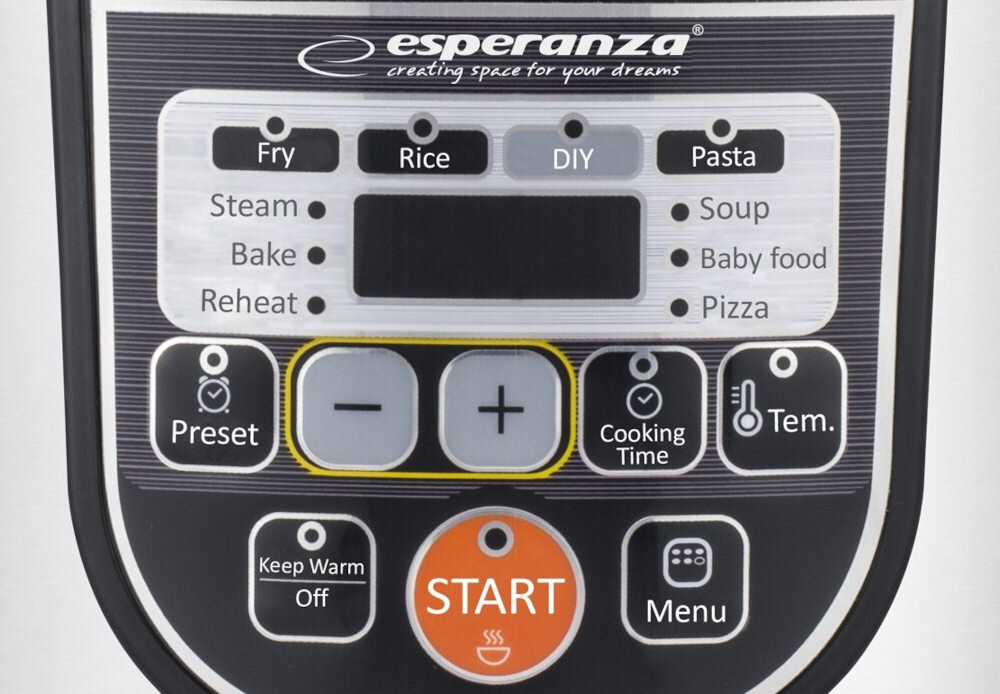 Panel sterowania multicookera z logo \'esperanza\' i napisem \'creating space for your dreams\'. Widoczne przyciski to m.in. \'Fry\', \'Rice\', \'DIY\', \'Pasta\', \'Steam\', \'Bake\', \'Reheat\', \'Soup\', \'Baby food\', \'Pizza\', \'Preset\', \'-\', \'+\', \'Cooking Time\', \'Tem.\', \'Keep Warm Off\', \'START\', \'Menu\'.