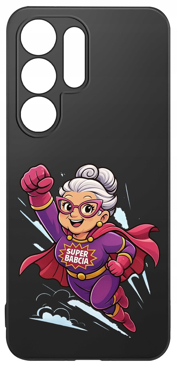 Czarne etui na telefon z grafiką przedstawiającą postać w stroju superbohatera z napisem \'SUPER BABCIA\'.
