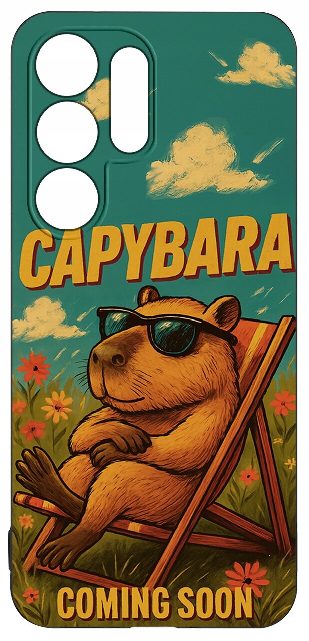 Etui z nadrukiem kapibary w okularach przeciwsłonecznych, siedzącej na leżaku w otoczeniu kwiatów. Na etui widnieje tekst: \'CAPYBARA COMING SOON\'.