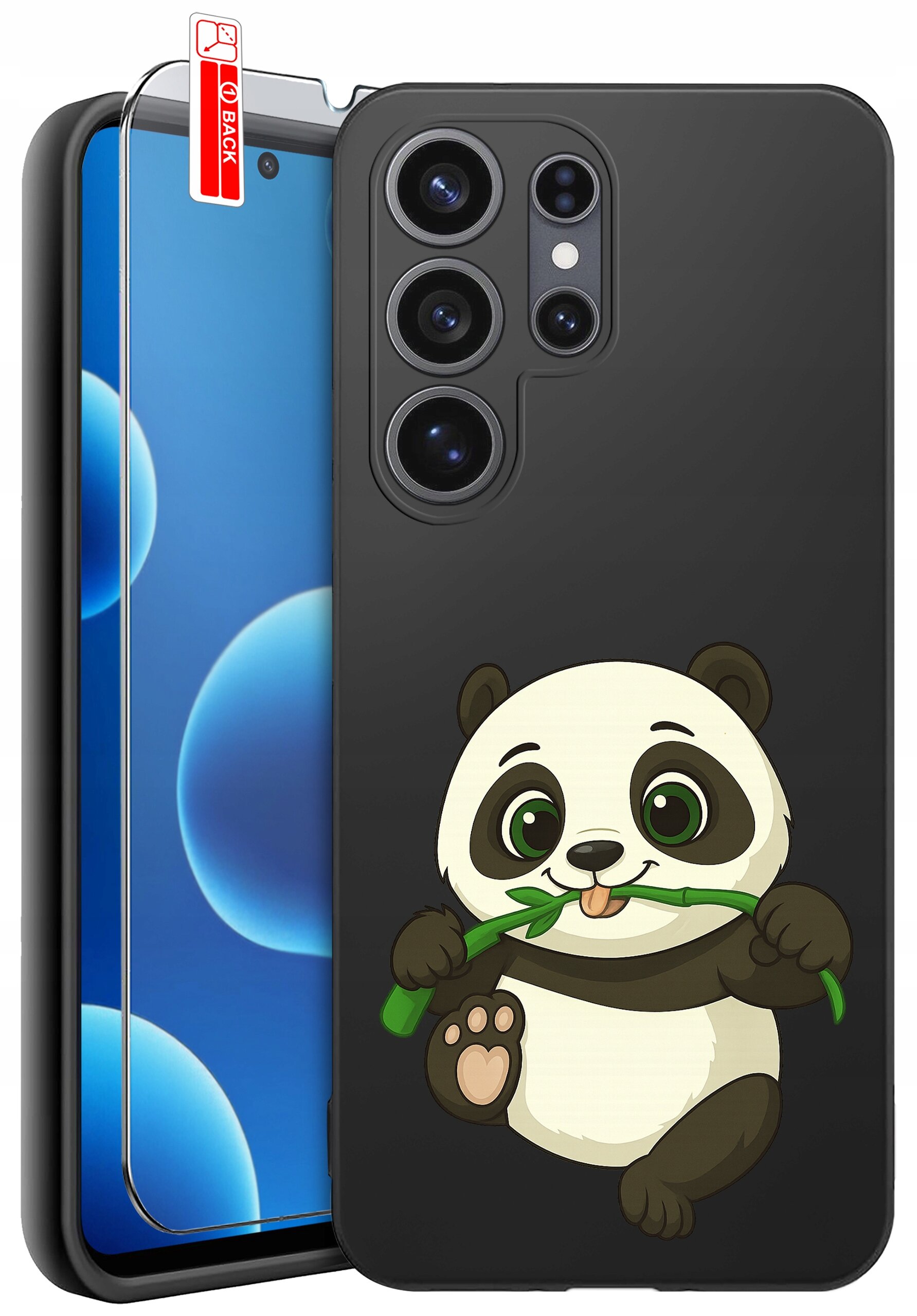 Czarne etui na telefon z nadrukiem pandy trzymającej bambus. Obok etui znajduje się szkło ochronne z oznaczeniem \'BACK\'.