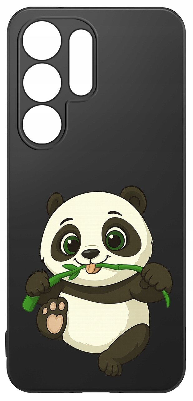 Czarne etui na telefon z wycięciami na aparat, ozdobione grafiką uśmiechniętej pandy trzymającej bambus.