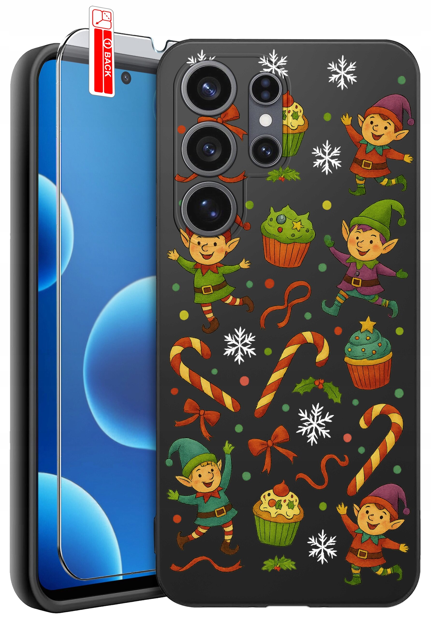 Etui na telefon z kolorowym wzorem przedstawiającym elfy, cukierki, babeczki i śnieżynki na ciemnym tle. Obok etui znajduje się szkło ochronne z oznaczeniem \'BACK\'.