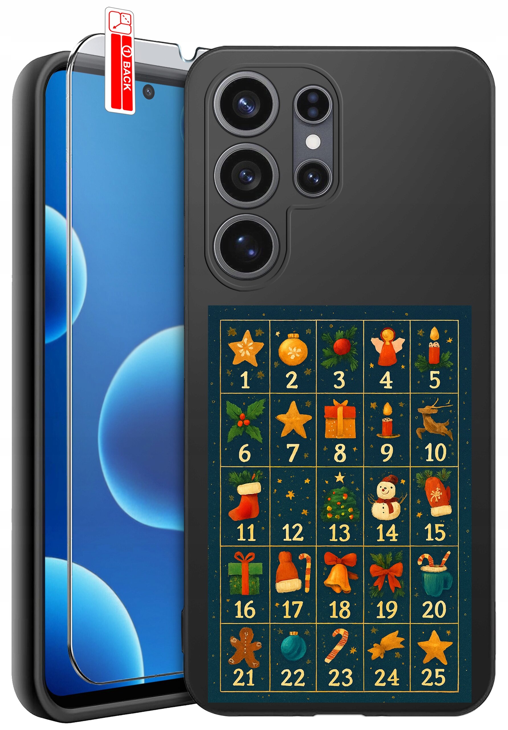 Etui na telefon z motywem świątecznym, przedstawiające kalendarz adwentowy z numerami od 1 do 25 i różnymi świątecznymi symbolami. Obok etui znajduje się szkło ochronne z naklejką \'BACK\'.