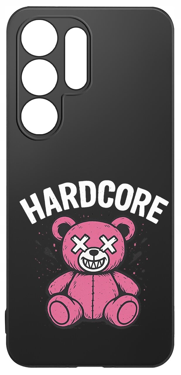 Czarne etui z nadrukiem różowego misia z zamkniętymi oczami w kształcie krzyżyków i napisem \'HARDCORE\' nad nim. Etui ma wycięcia na aparat i przyciski.