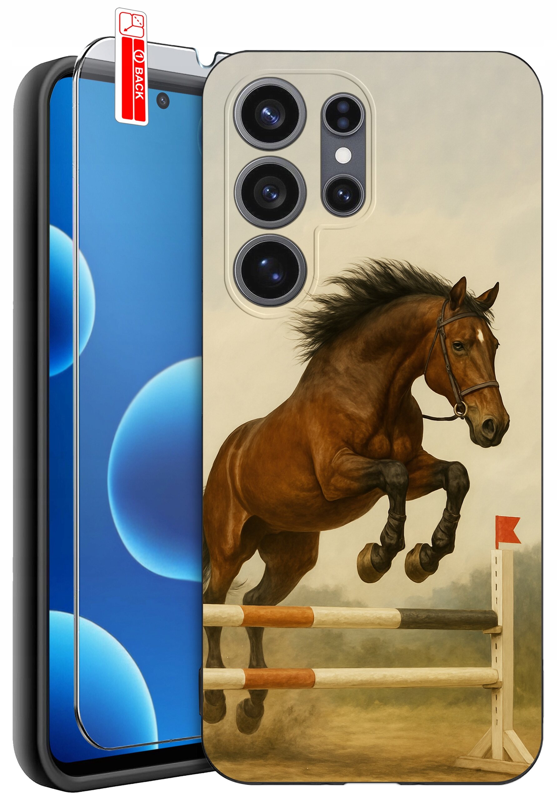 Etui na telefon z nadrukiem konia skaczącego przez przeszkodę, obok widoczna jest ochrona ekranu z napisem \'BACK\'.
