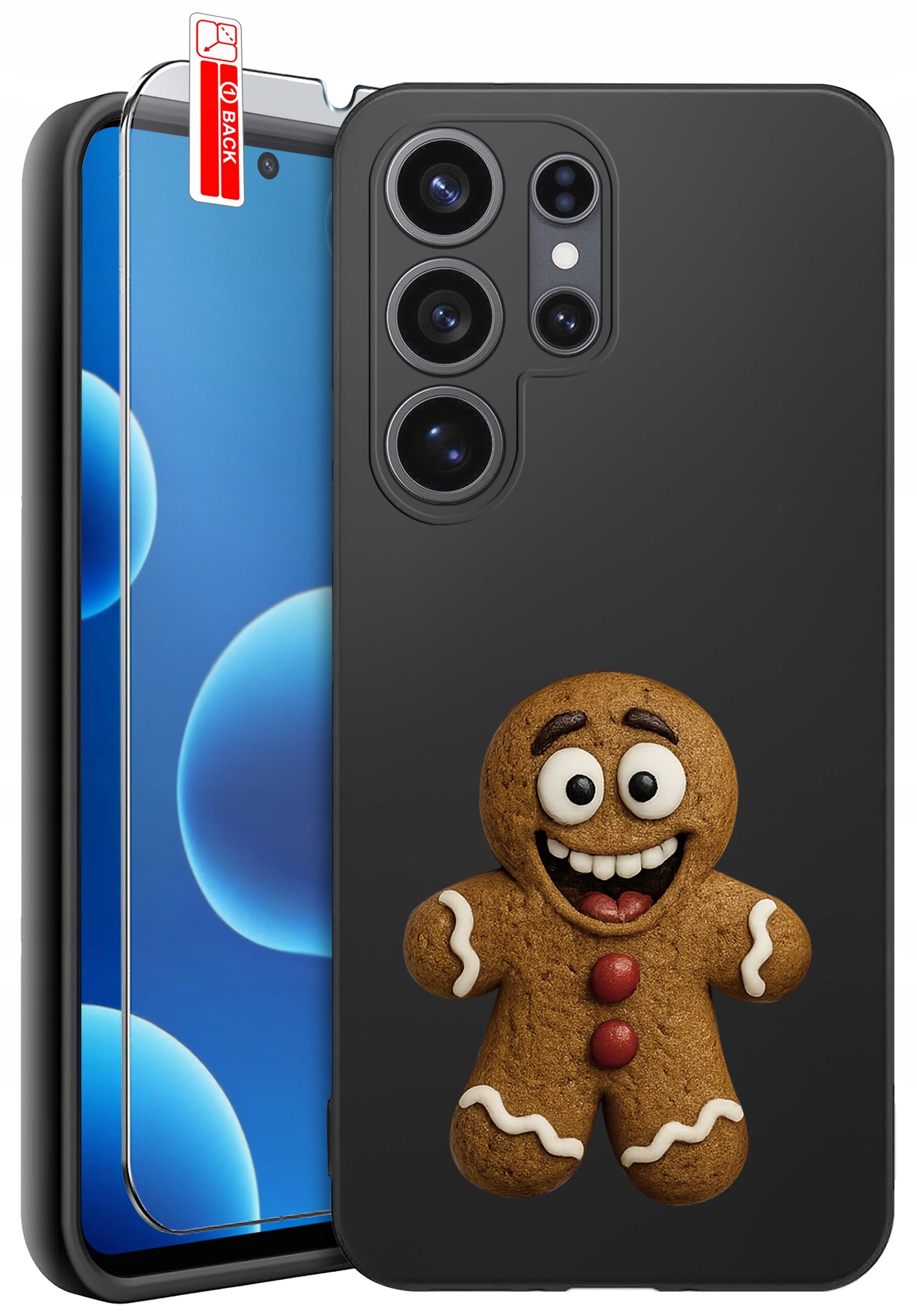 Czarne etui na telefon z nadrukiem uśmiechniętego piernika. Obok znajduje się szkło ochronne z czerwoną naklejką \'BACK\'.