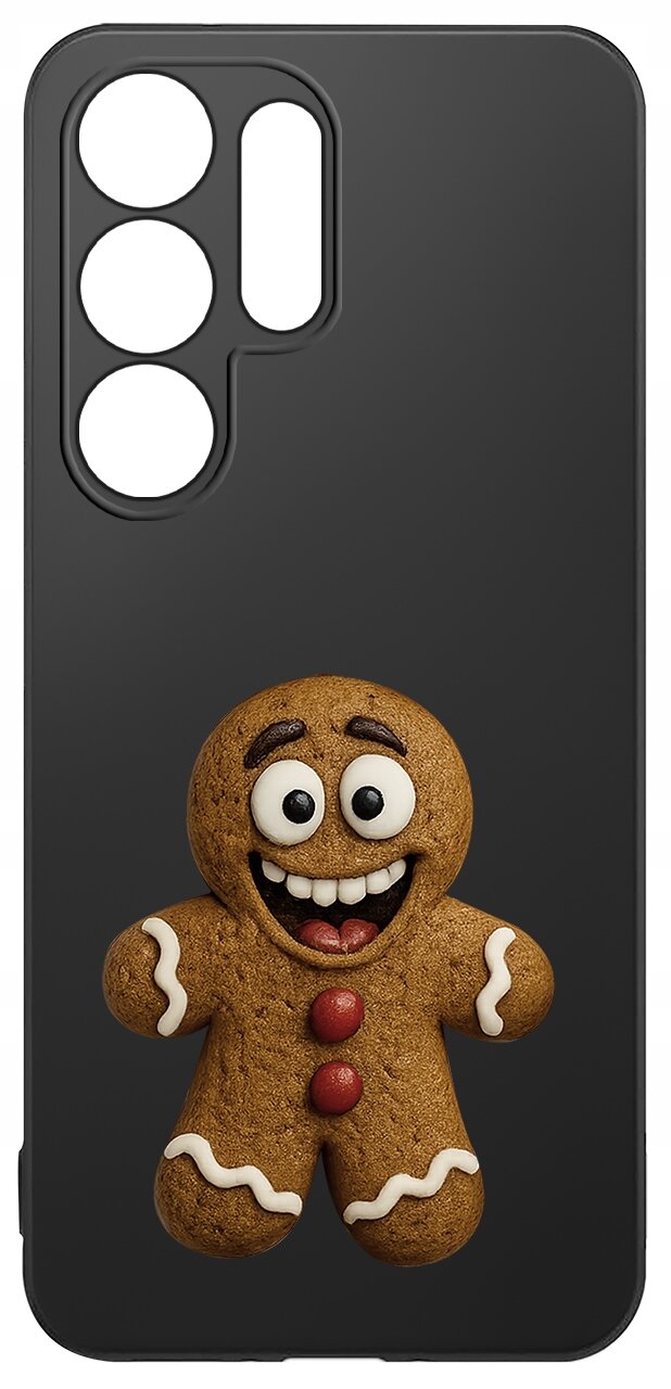 Czarne etui na telefon z wizerunkiem uśmiechniętego piernikowego ludzika z białymi i czerwonymi detalami. Etui ma wycięcia na aparat i przyciski.