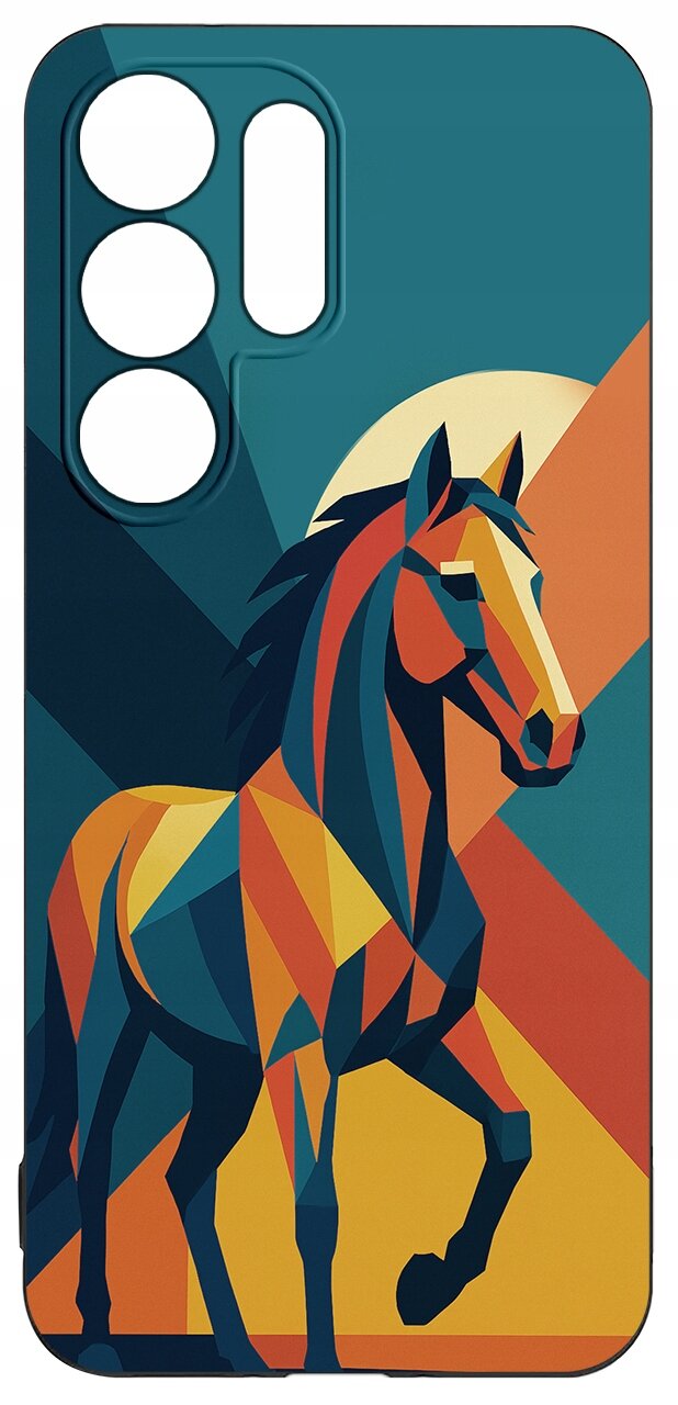 Etui na telefon z kolorowym, geometrycznym wzorem przedstawiającym konia na tle abstrakcyjnych kształtów.