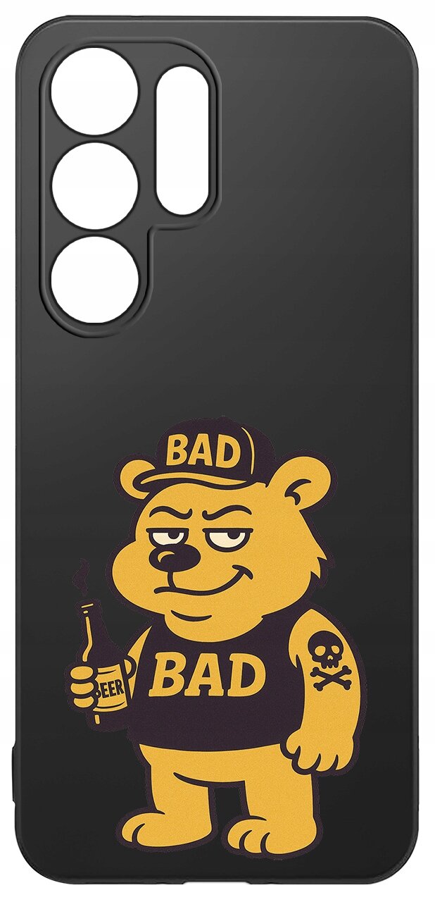 Czarne etui z nadrukiem żółtego misia trzymającego butelkę z napisem \'BEER\', z napisem \'BAD\' na czapce i koszulce oraz czaszką na ramieniu.