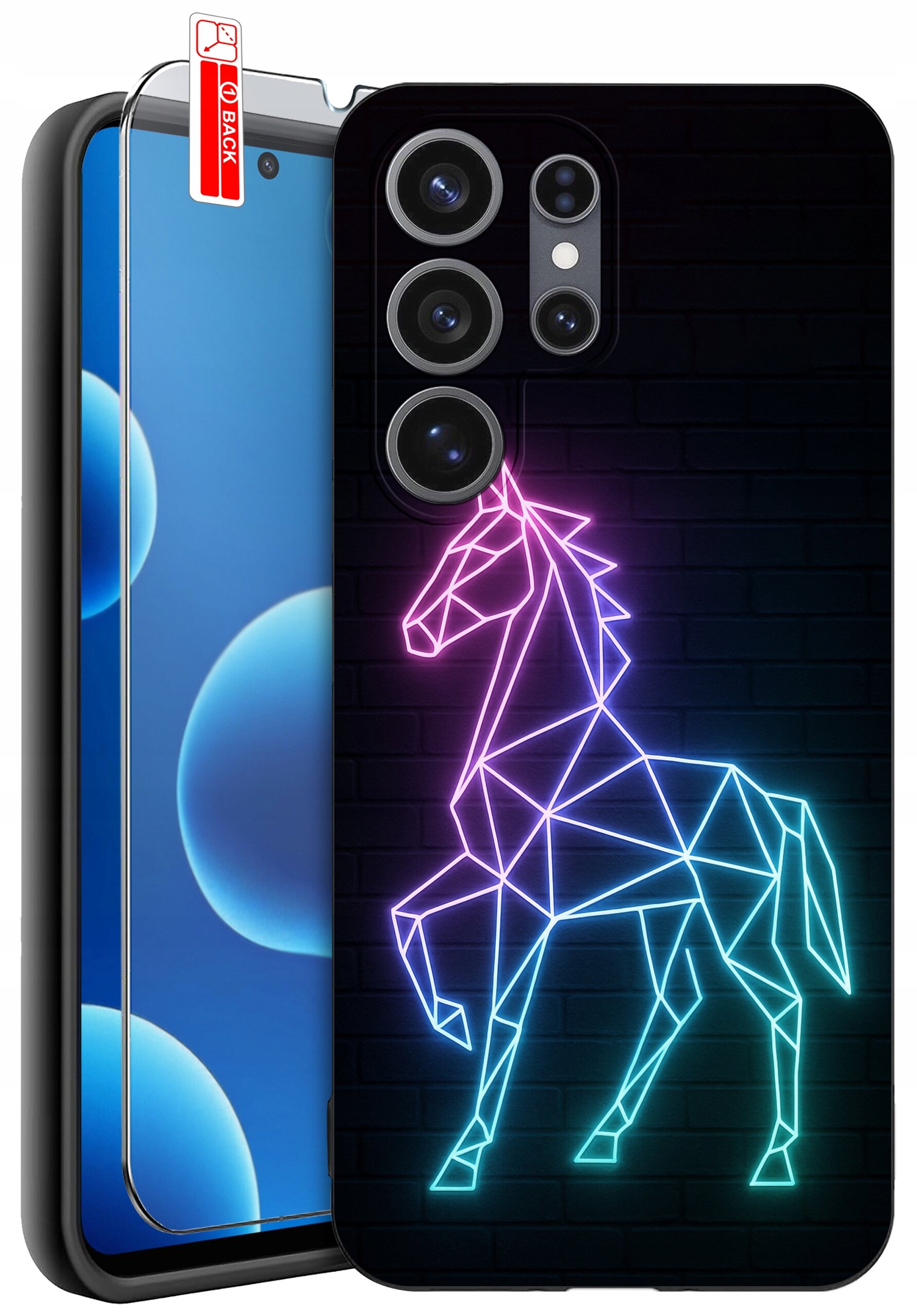 Etui na telefon z neonowym wzorem konia w geometrycznym stylu na czarnym tle, obok widoczne szkło ochronne z napisem \'BACK\'.