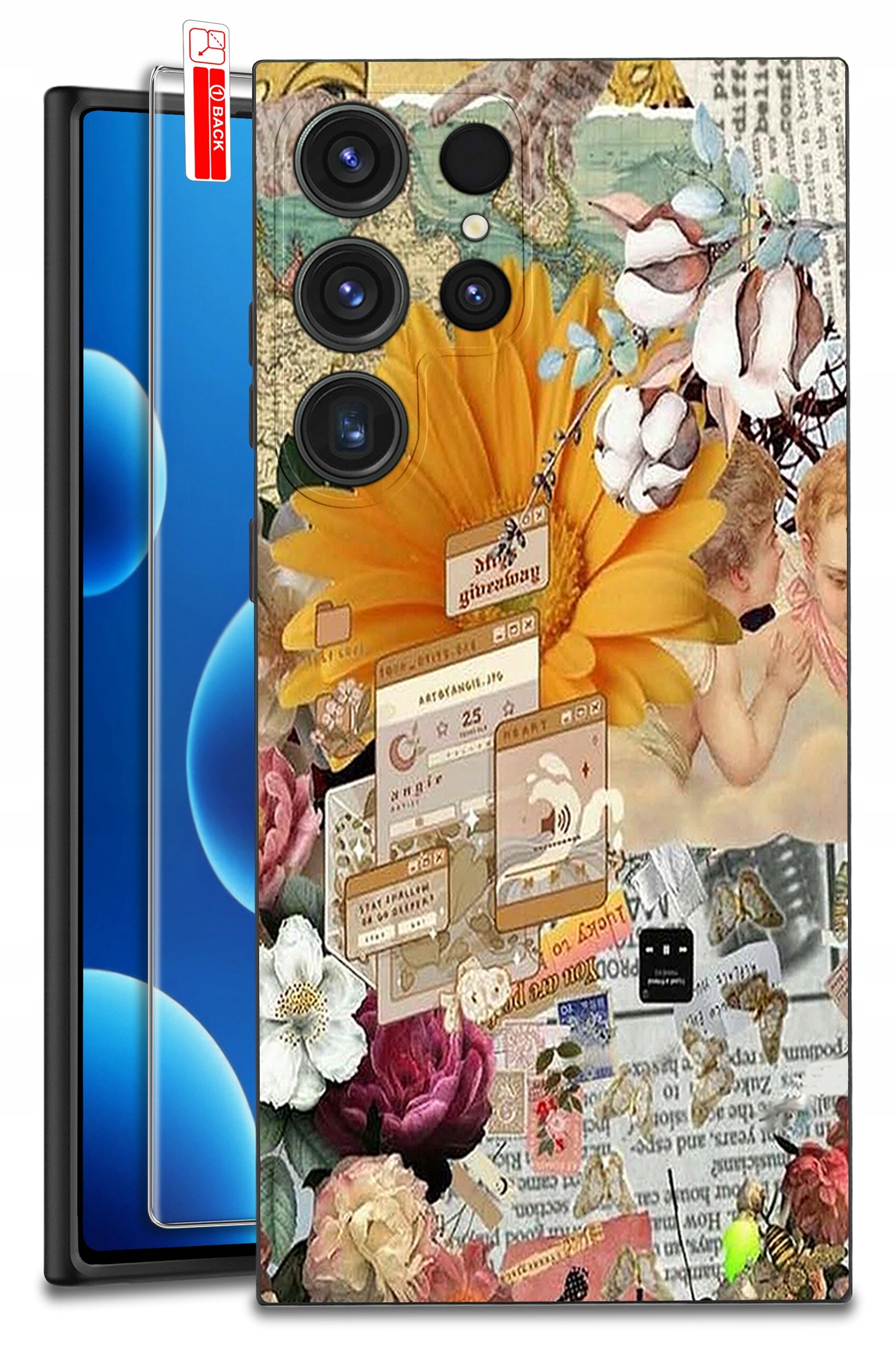 Etui na telefon z kolorowym wzorem przedstawiającym kwiaty, aniołki i elementy graficzne przypominające okna przeglądarki. Obok etui widoczny jest telefon z niebieskim ekranem i naklejką z napisem \'BLACK\'.