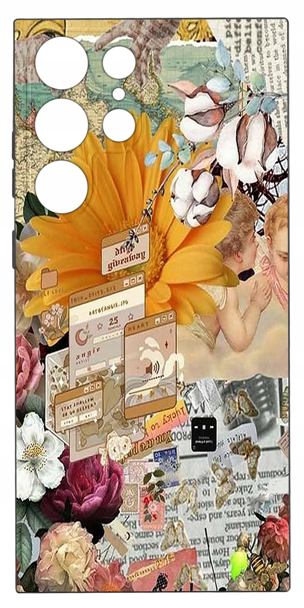 Etui na telefon z kolorowym, artystycznym wzorem przedstawiającym kwiaty, aniołki i elementy graficzne przypominające okna przeglądarki internetowej. W tle widoczne są fragmenty tekstu i różnorodne motywy dekoracyjne.