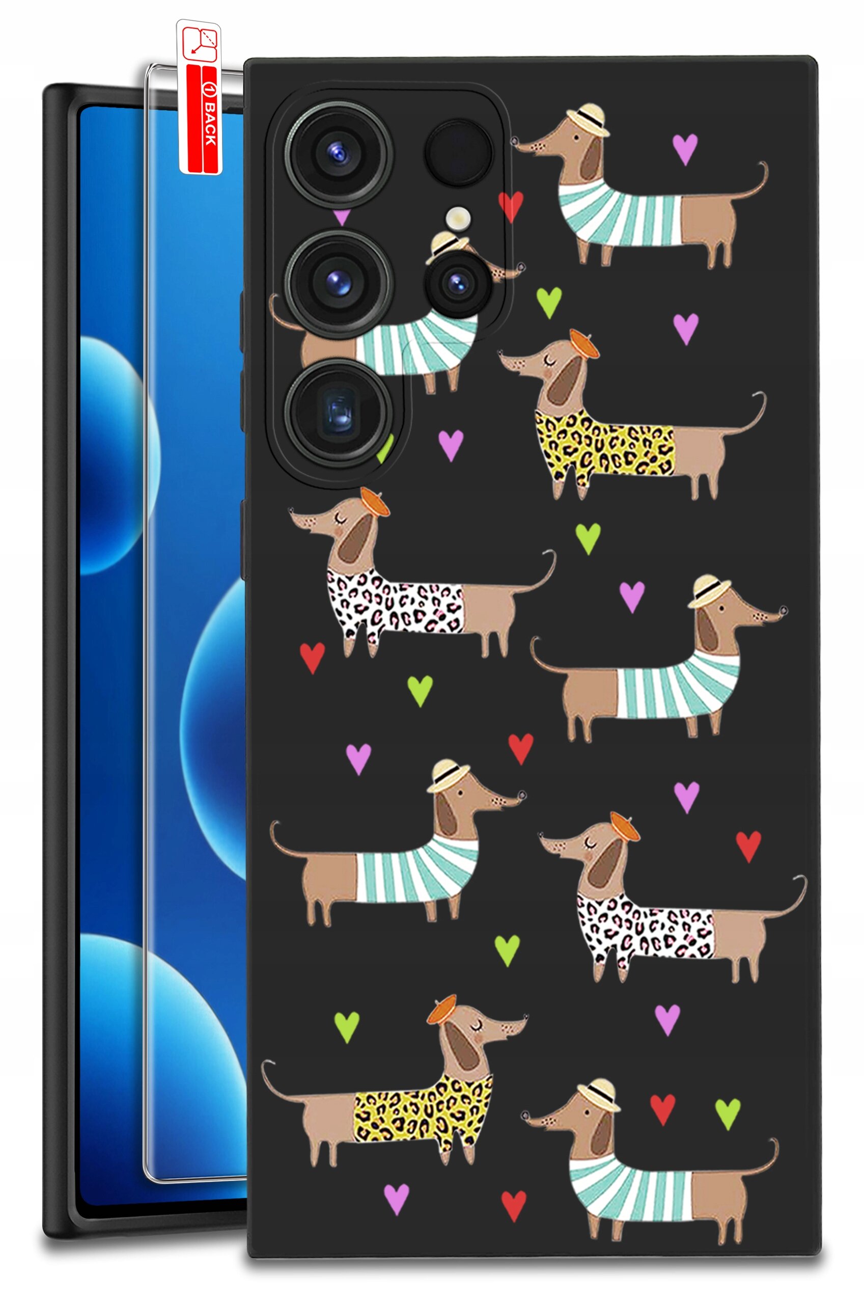 Etui na telefon z wzorem jamników w kapeluszach i kolorowych ubraniach, otoczone kolorowymi sercami. Obok etui znajduje się szkło ochronne z etykietą \'BACK\'.