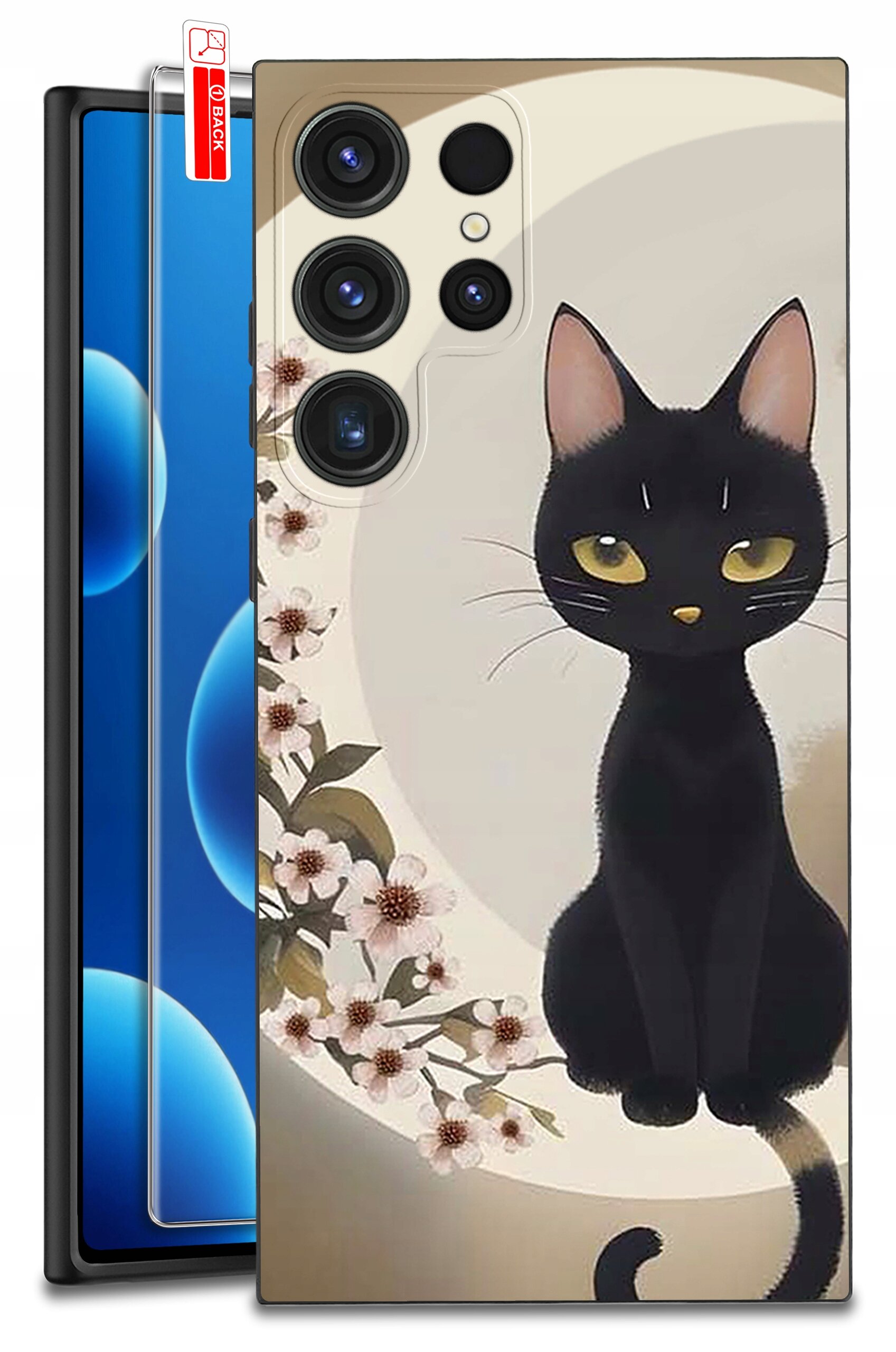 Etui na telefon z nadrukiem czarnego kota na tle okręgu z kwiatami. Obok widoczne jest szkło ochronne z napisem \'BLACK\'.