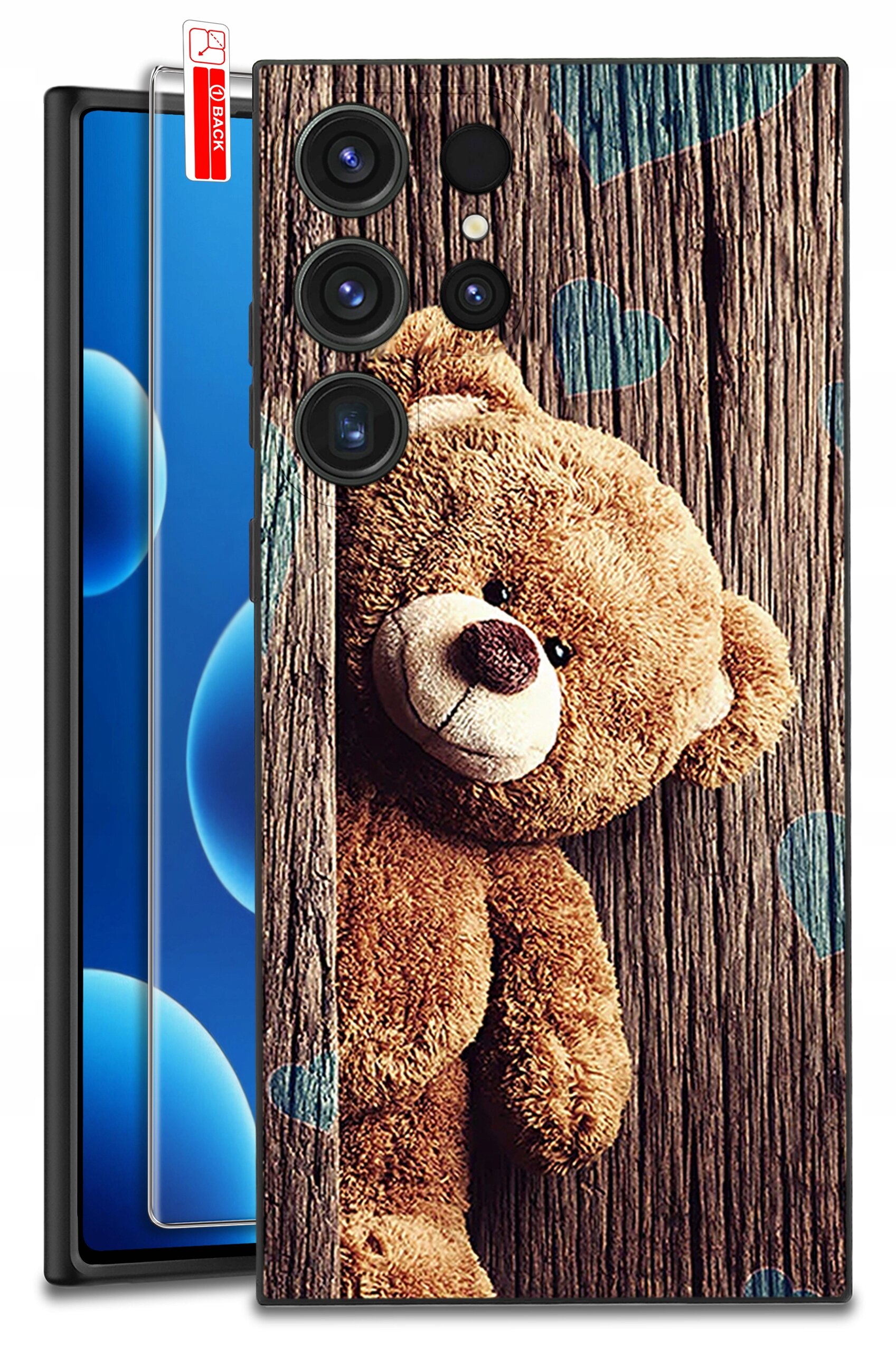 Etui na telefon z nadrukiem misia na tle drewnianych desek z niebieskimi sercami. Obok widoczne jest szkło ochronne z napisem \'BACK\'.